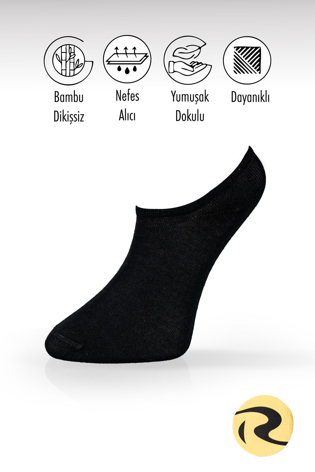 Roff Bambu Erkek Patik Düz Siyah Çorap Dikişsiz Premium Tekli
