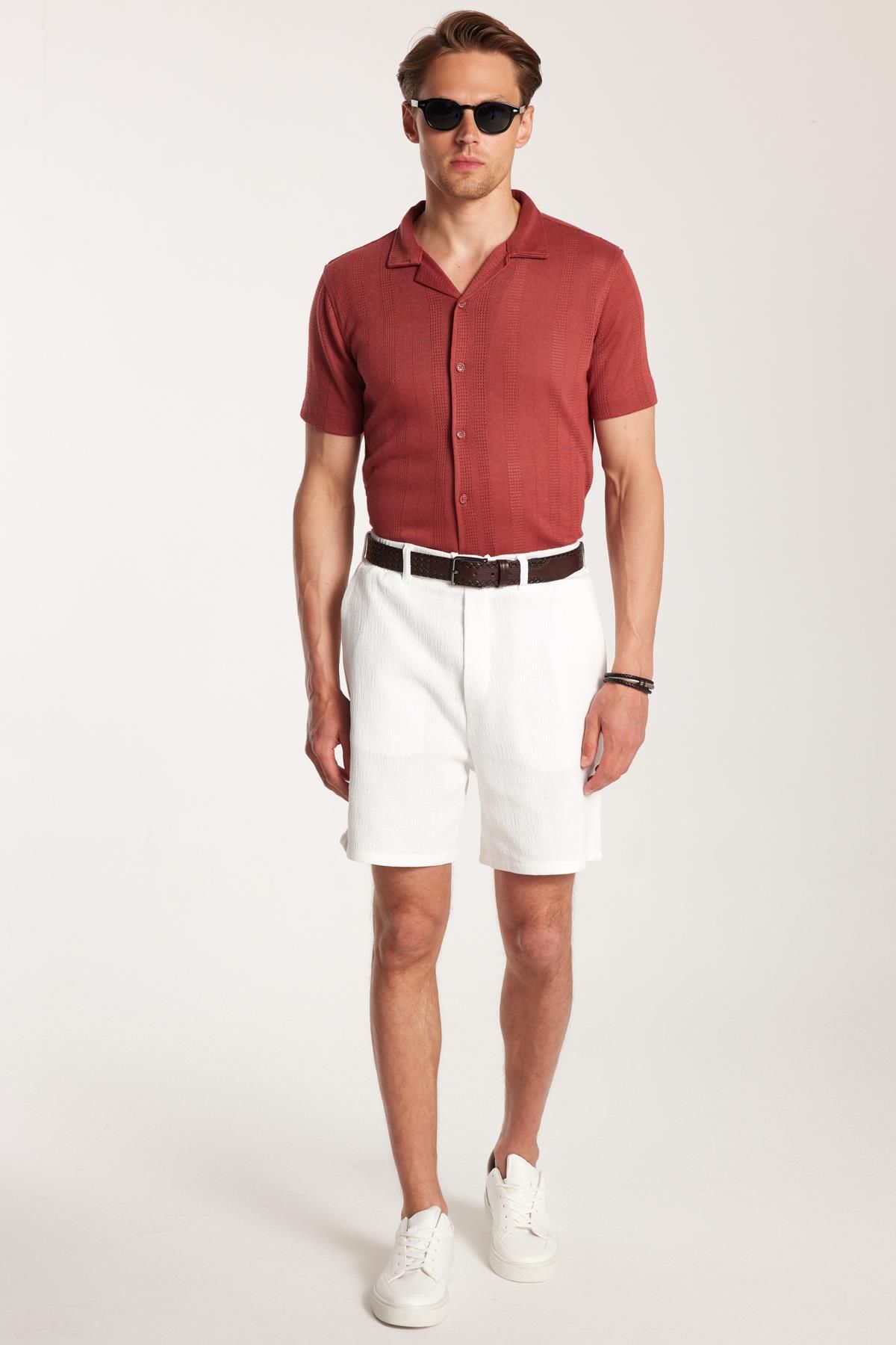 Tudors-Men's Regular Relaxed Fit Ecru Bermuda Shorts with Elastic Waistband and Drawstring Side Pockets 5