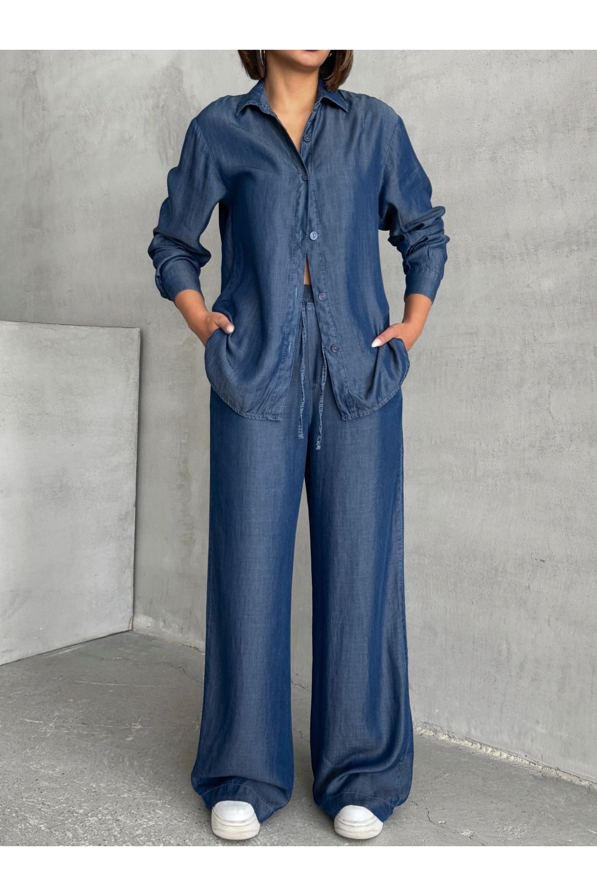 Miss Prova Denim Gömlek ve Bel Lastikli Pantolon Lacivert İkili Takım MISSTKLAC941