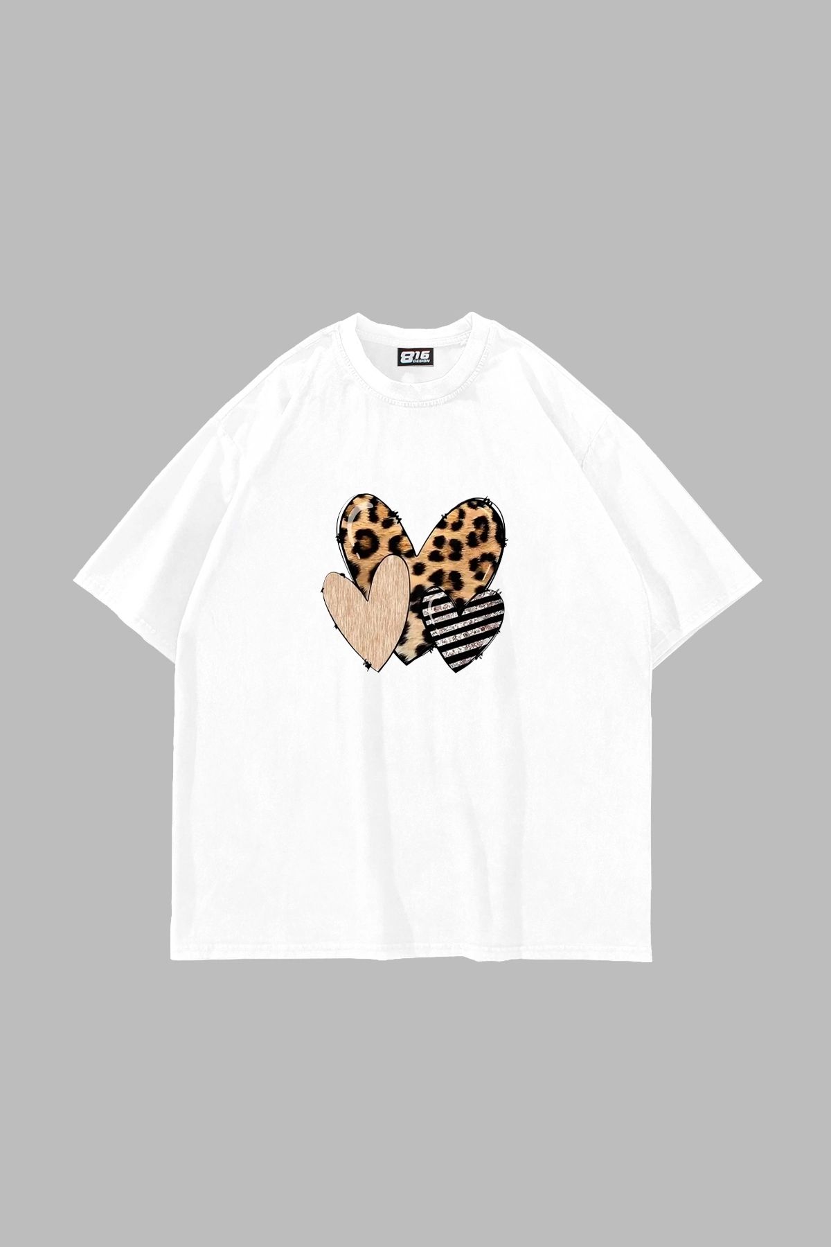 Sekizbiraltı Leopar Heart Baskılı Oversize Unisex Beyaz Tshirt