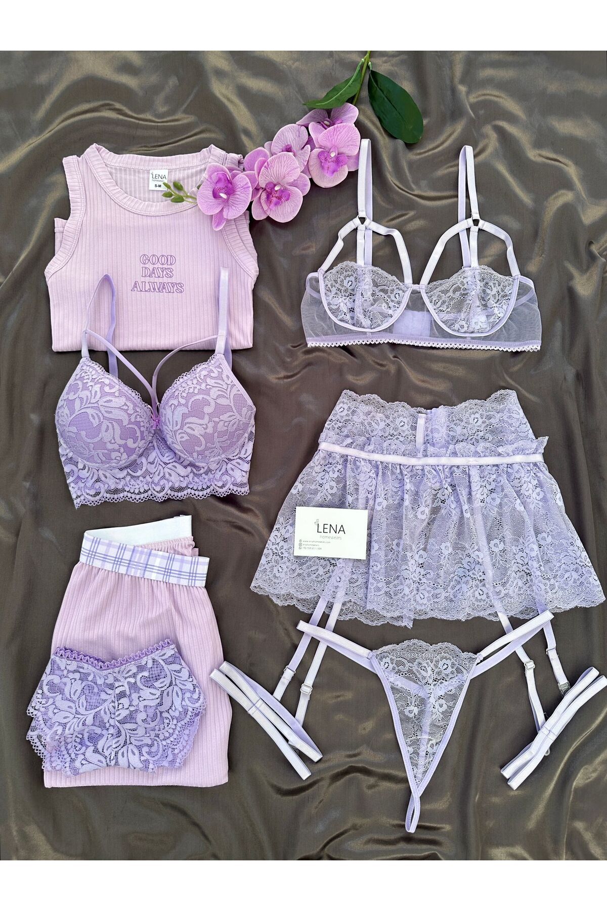 Lena Homewears Kadın Miary 6 Parçalı Dev Pijama Jartiyer İç Çamaşır Seti