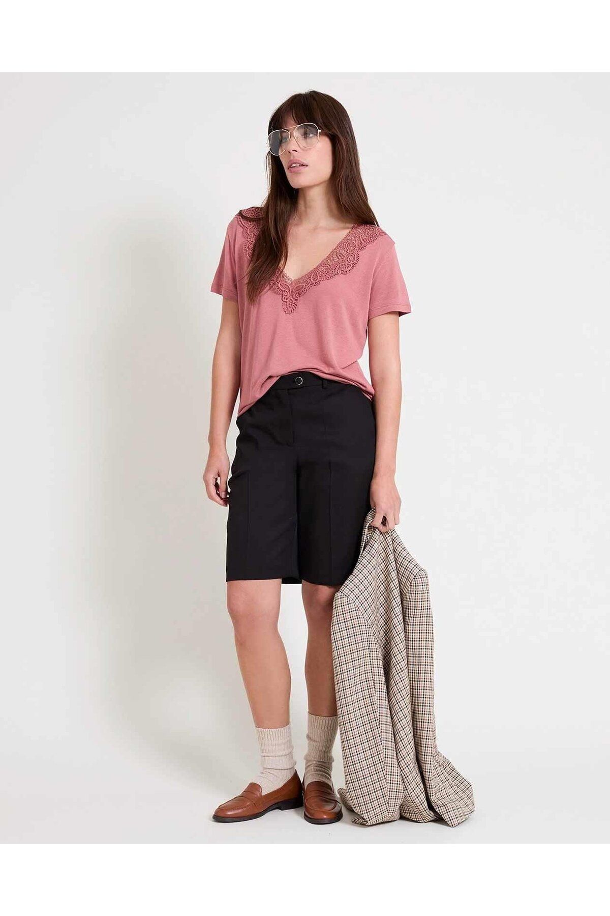 Fashion Friends Çift Taraflı Dantelli Bluz Gül Kurusu