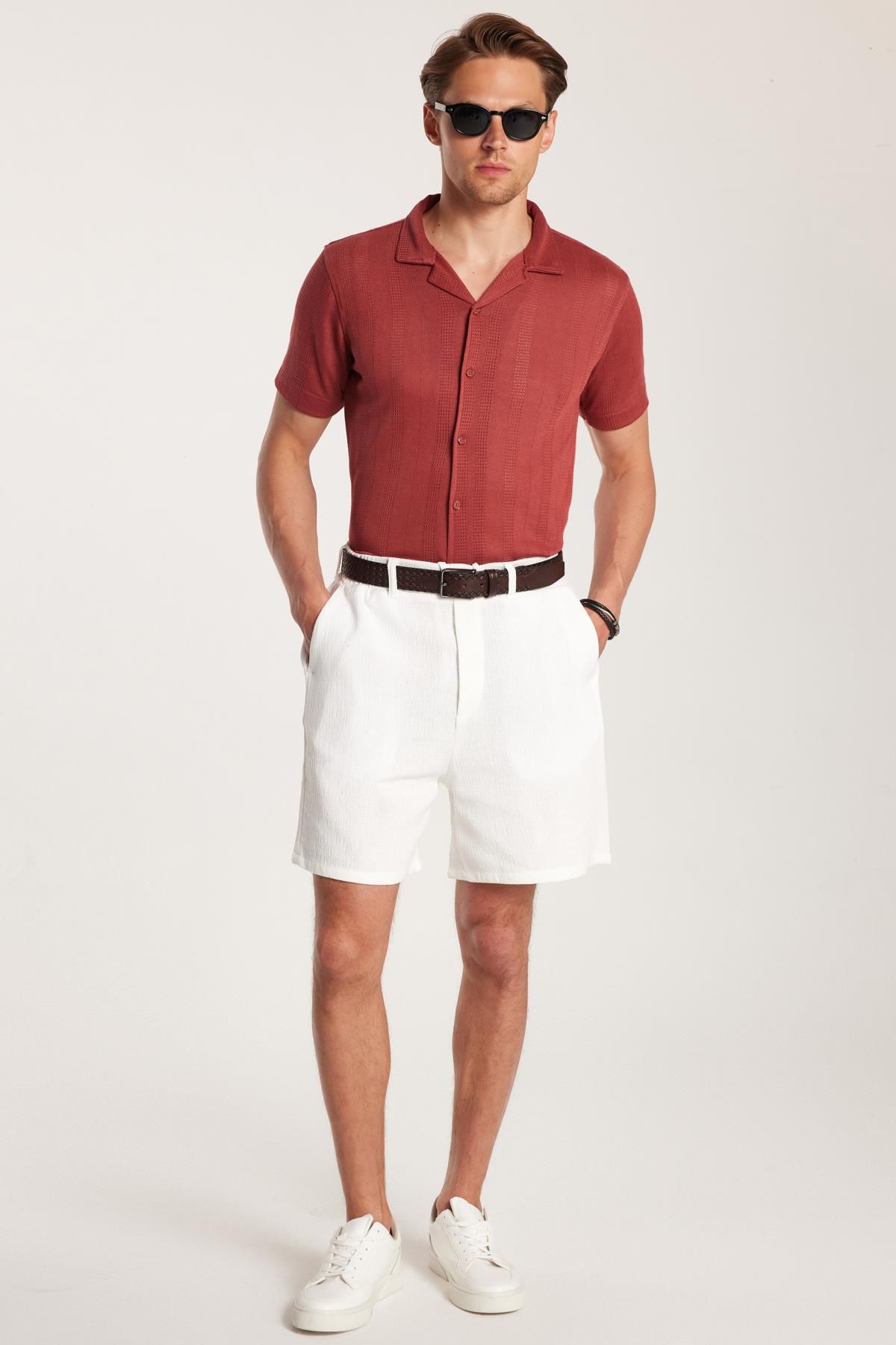 Tudors-Men's Regular Relaxed Fit Ecru Bermuda Shorts with Elastic Waistband and Drawstring Side Pockets 3