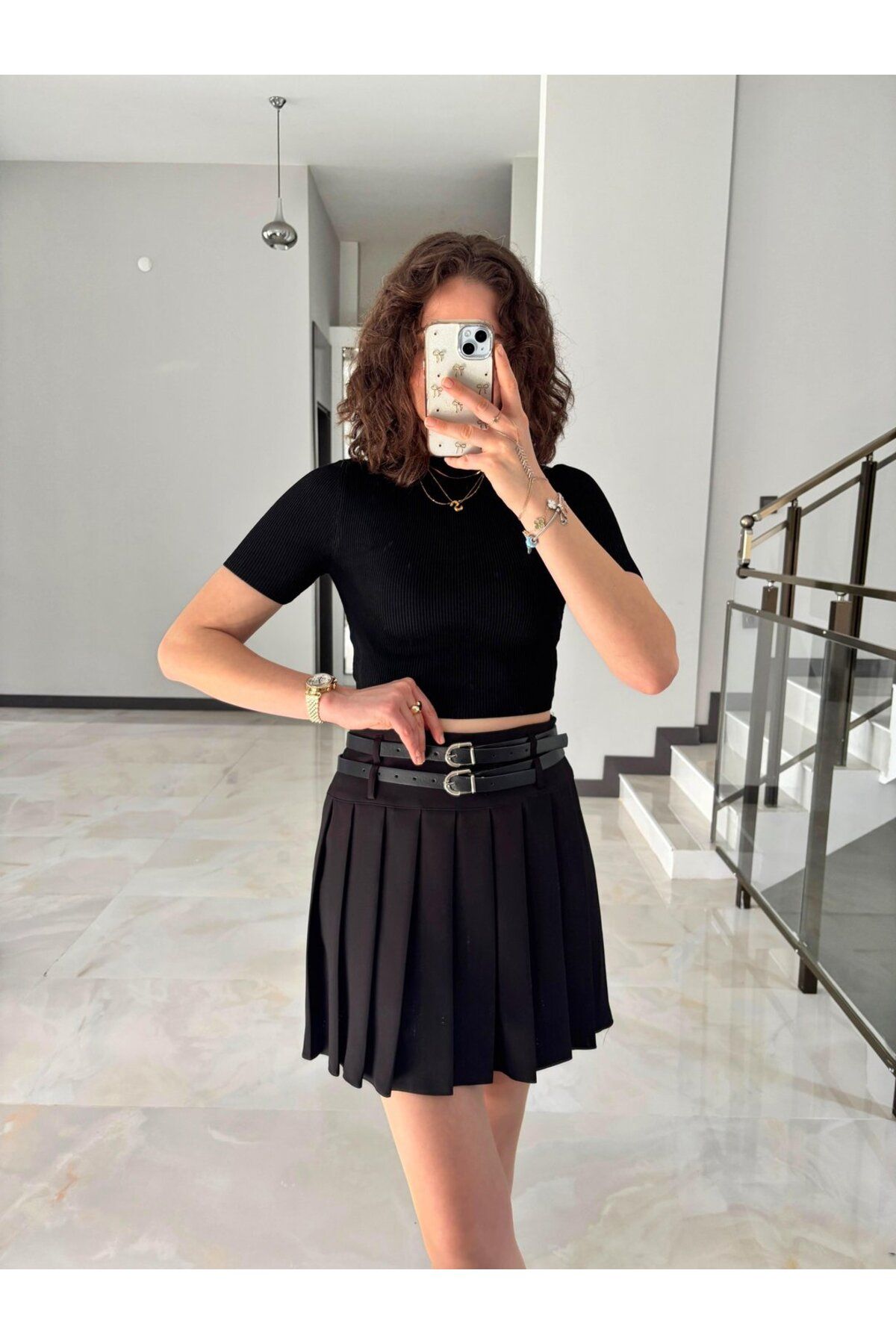 Sude Kızanlıklı Çift Kemerli Pileli Etek