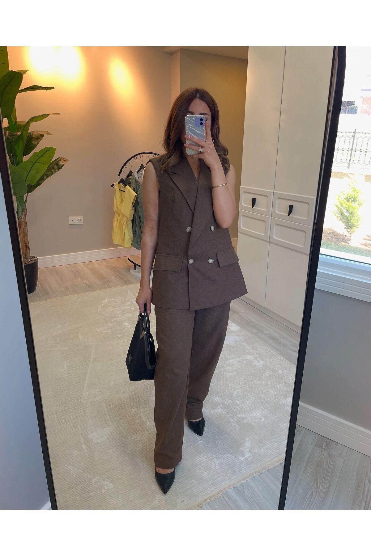 ChicAura Çift Düğmeli Oversize Kahverengi Ham Keten Takım