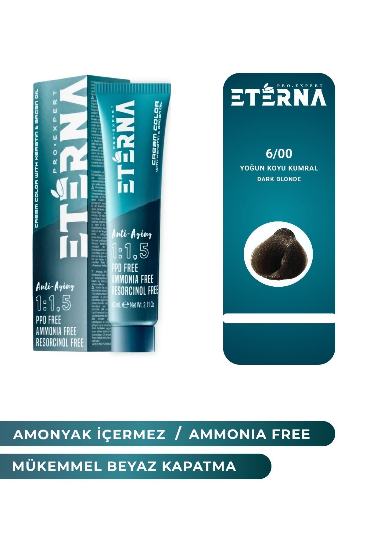 ETERNA Amonyaksız Organik İçerikli Saç Boyası 60 ml 6/00 Yoğun Koyu Kumral ve 90 ml Eterna Oksidan