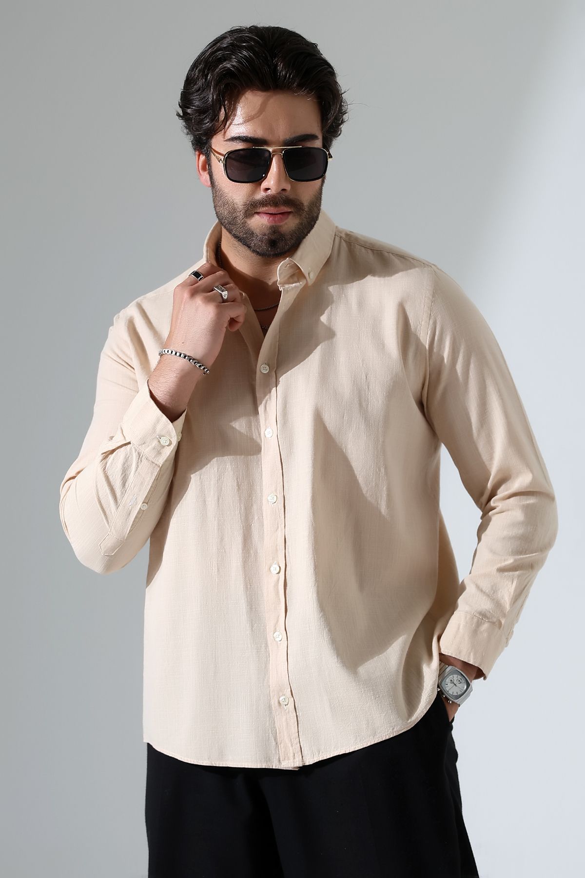 Corradeo Giyim Yeni Sezon Oversize Kesim Uzun Kol Pamuk Keten Erkek Gömlek