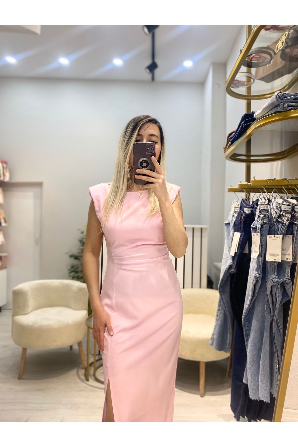 Roseden Pembe Nick Yırtmaçlı Vatkalı Elbise