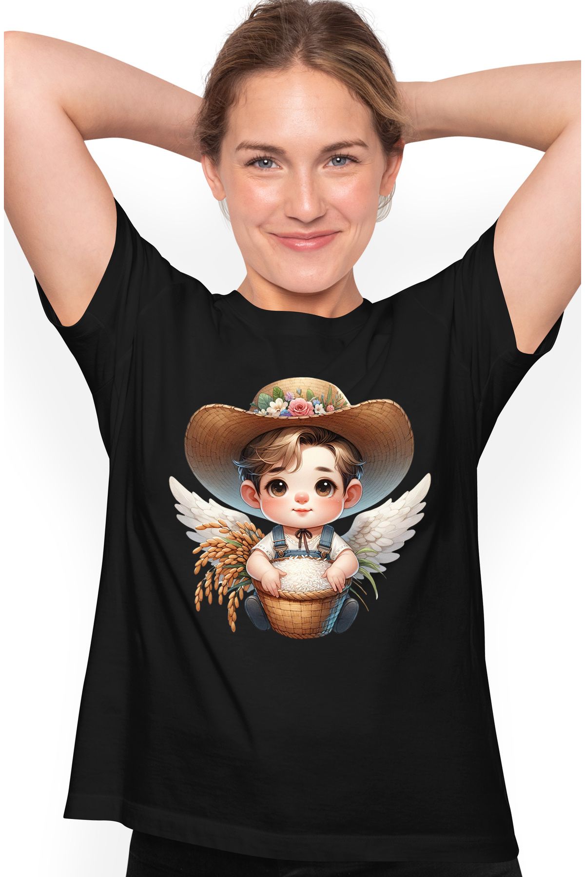 StoryGift Romania Tricou Femei Cu Un Bebelus Care Tine O Tarna/un Cos Cu Orez, Ilustratie, Palarie Blk_m Femeie - XL