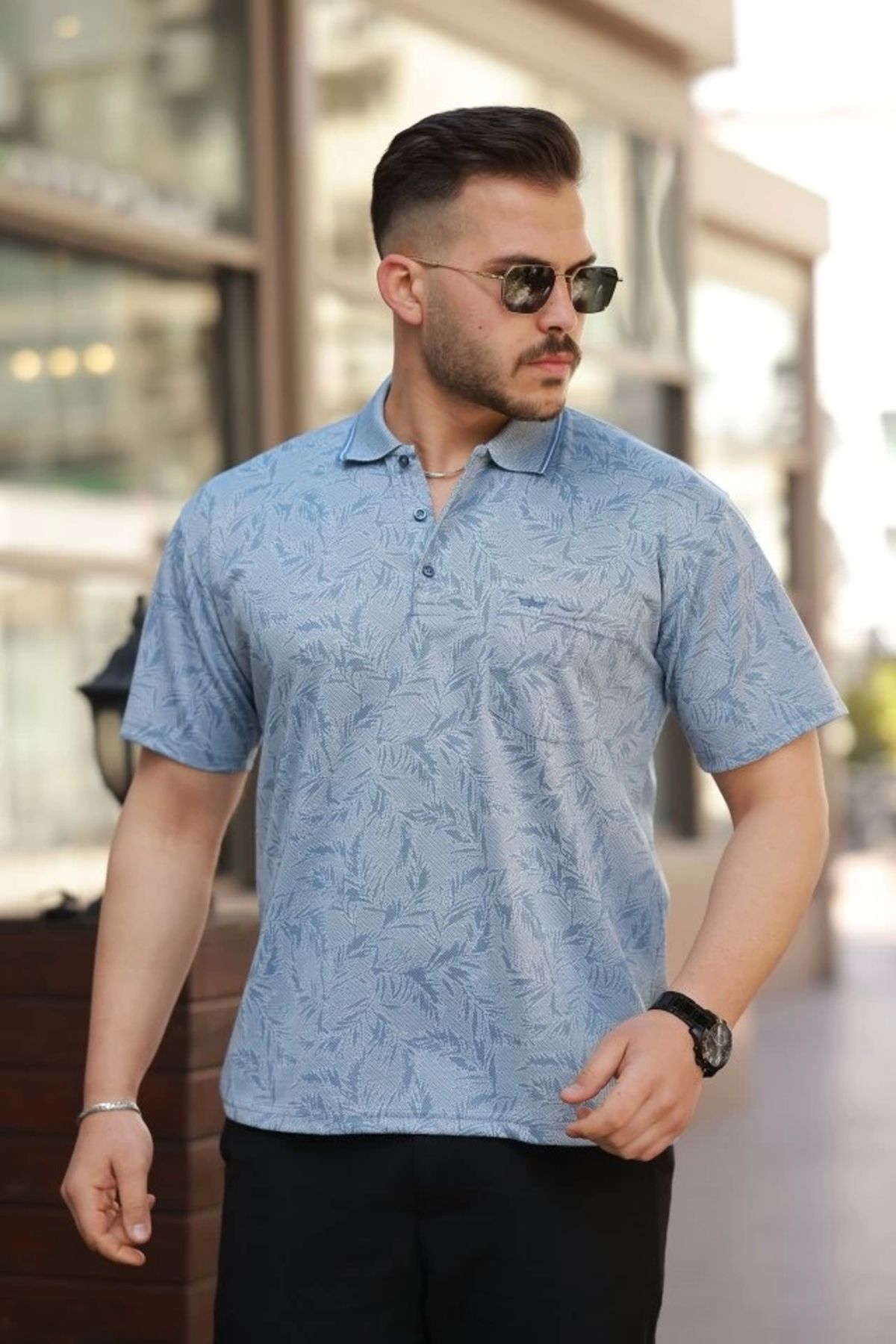Kaplan Erkek Yakalı Jakar Baskılı Kısa Kollu T-shirt