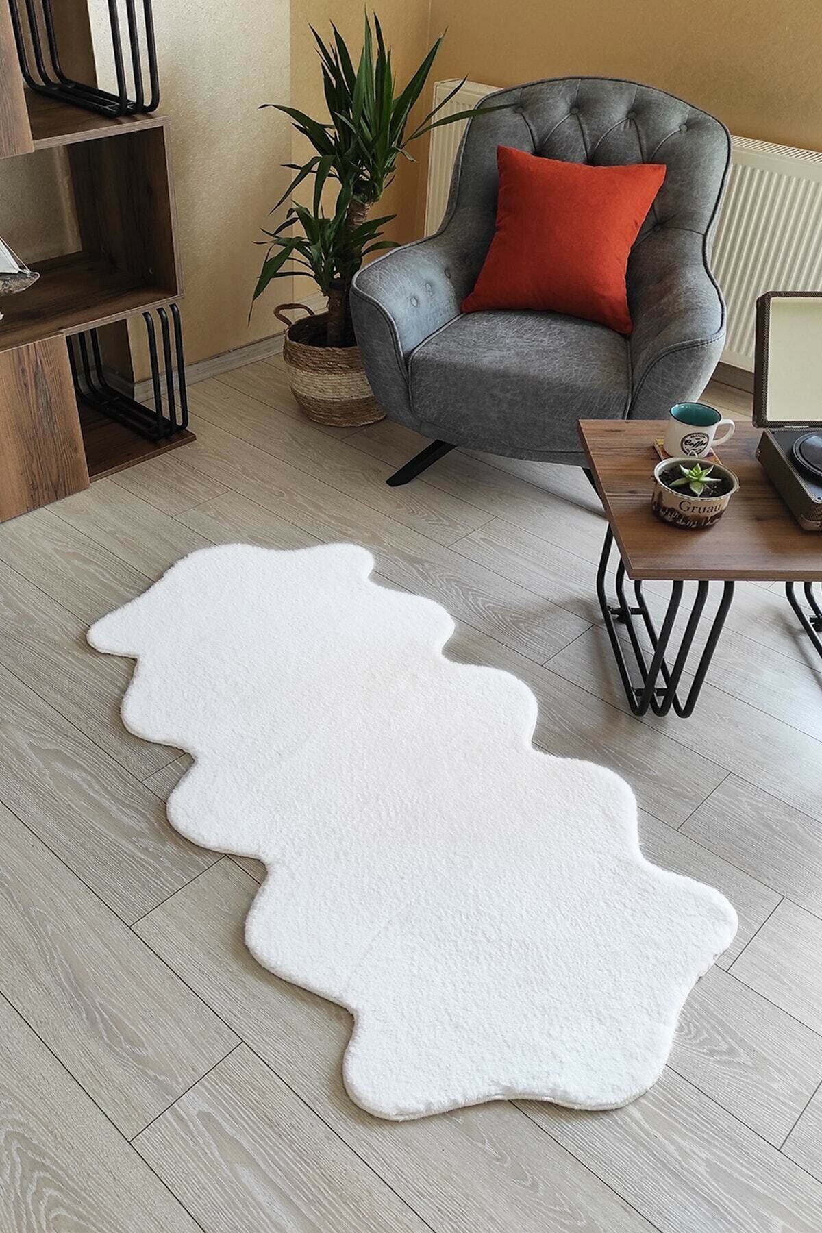 SERİA HALI Yumuşak Tüylü Yıkanabilir Premium Tavşan Post Peluş Halı Çiftkafa Beyaz