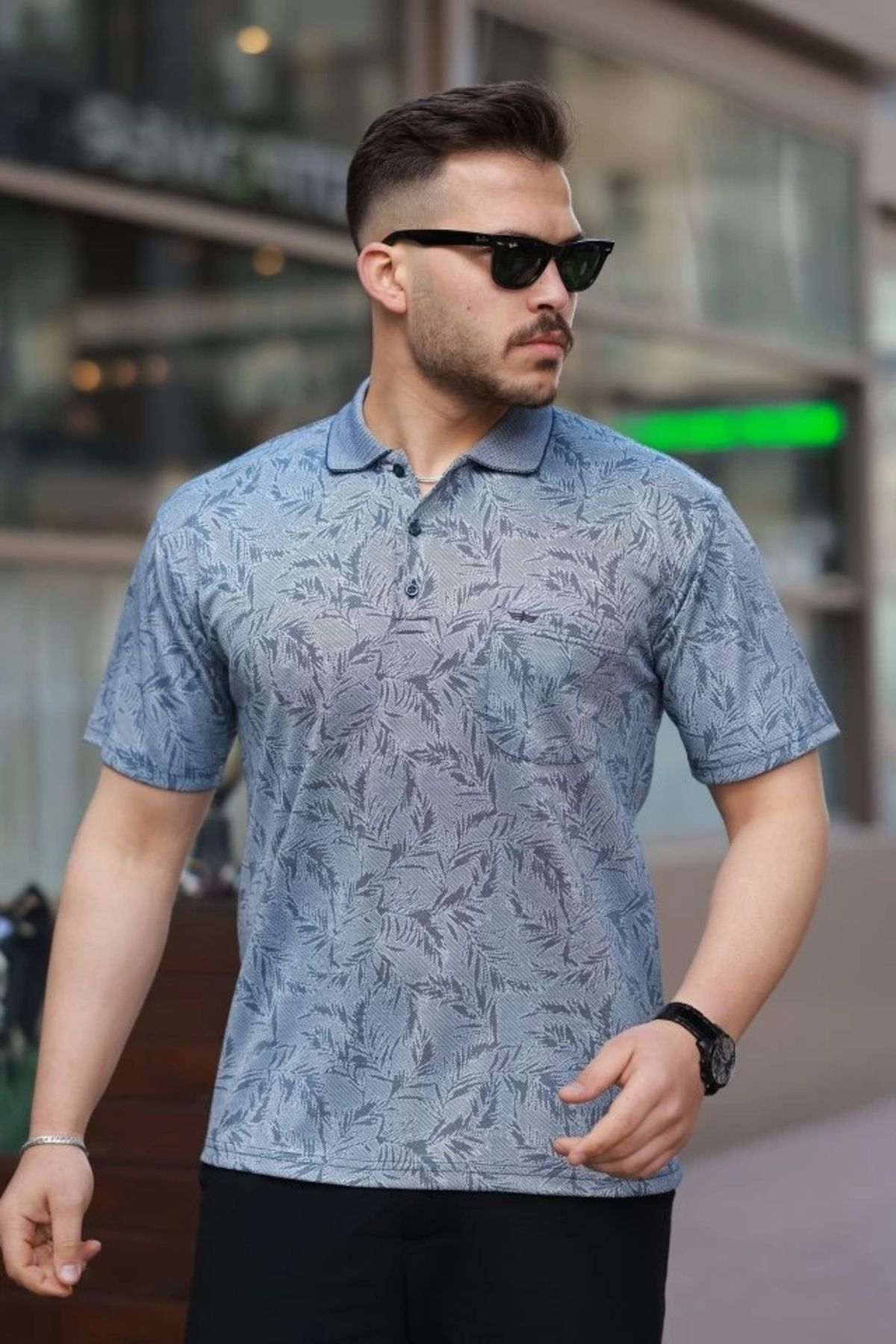 Kaplan Erkek Yakalı Jakar Baskılı Kısa Kollu T-shirt