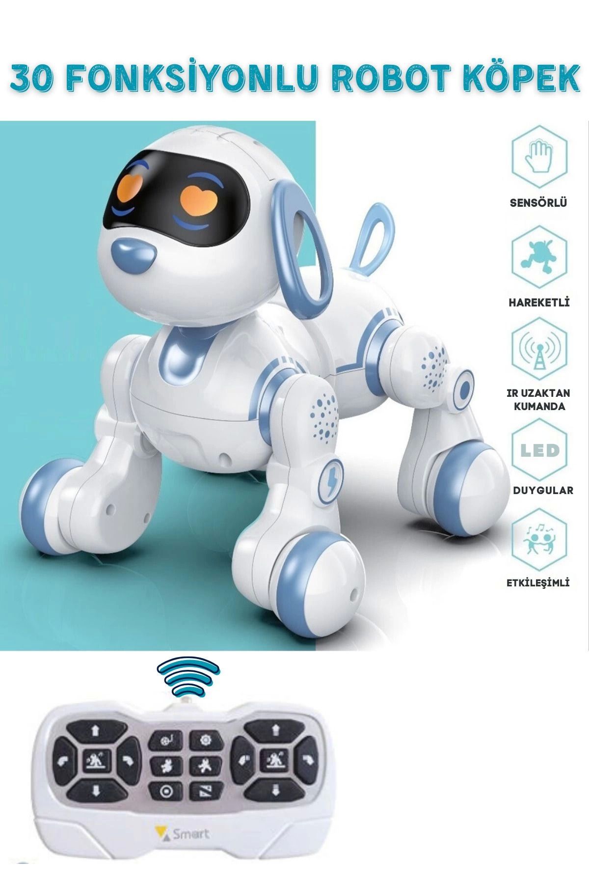 DENİZBİLİŞİM Oyuncak 30 Fonksiyon Uzaktan Kumandalı Şarjlı Sesli Işıklı Dokunma Algılama Programlama Robot Köpek