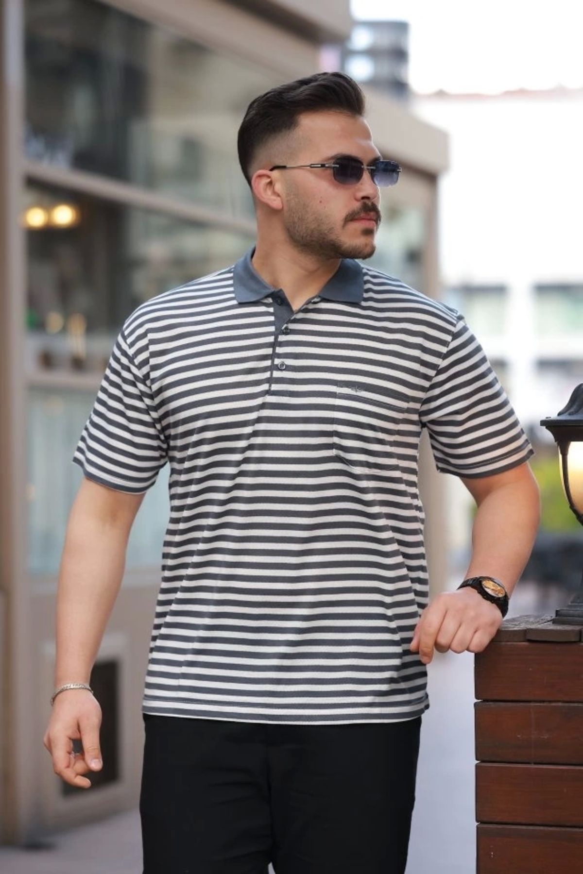 Kaplan Erkek Yakalı çizgili Kısa Kollu T-shirt