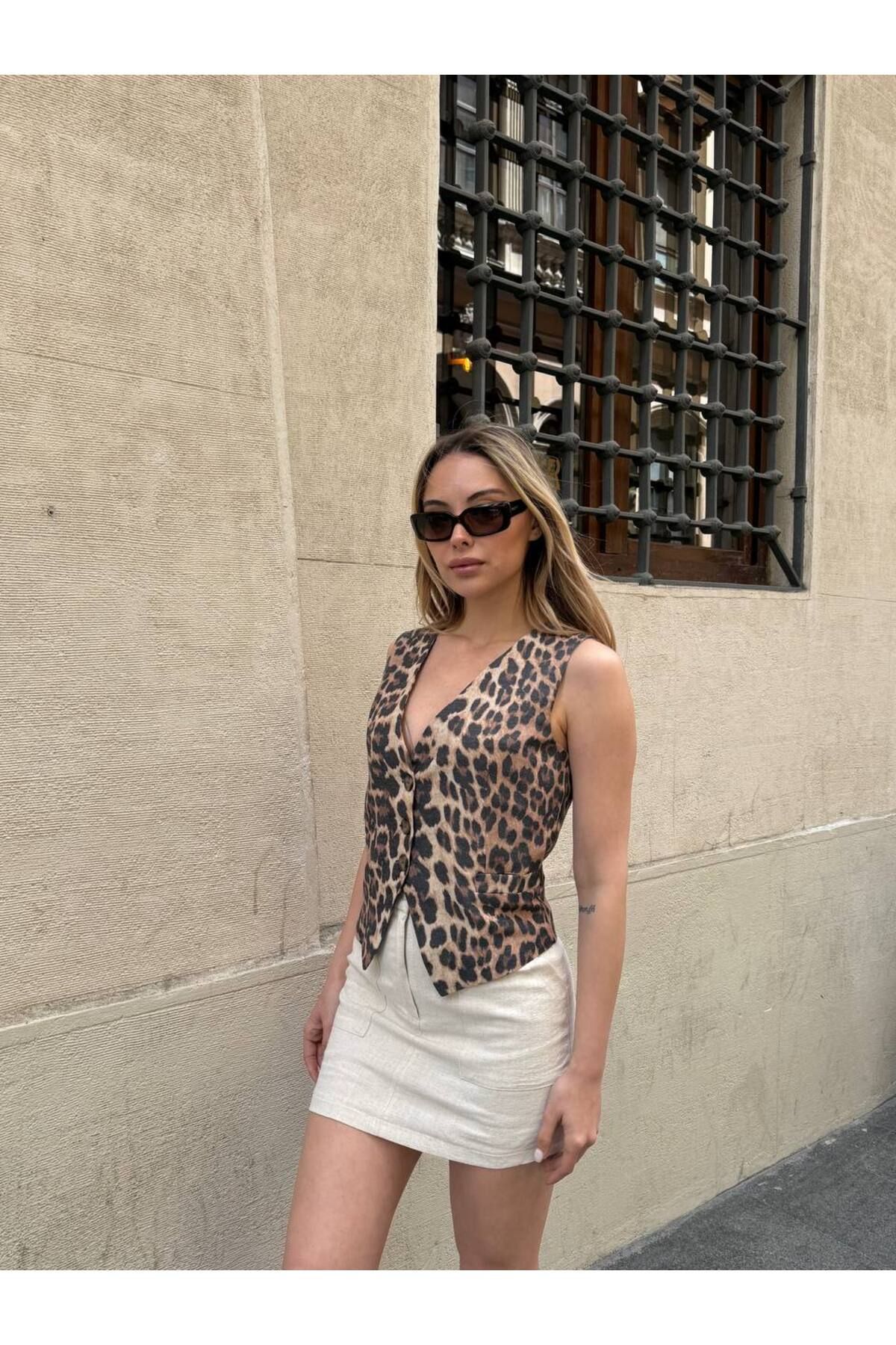 Zey Studio Vestă De Damă Maro Cu Decolteu În V Cu Imprimeu Leopard Femeie - S