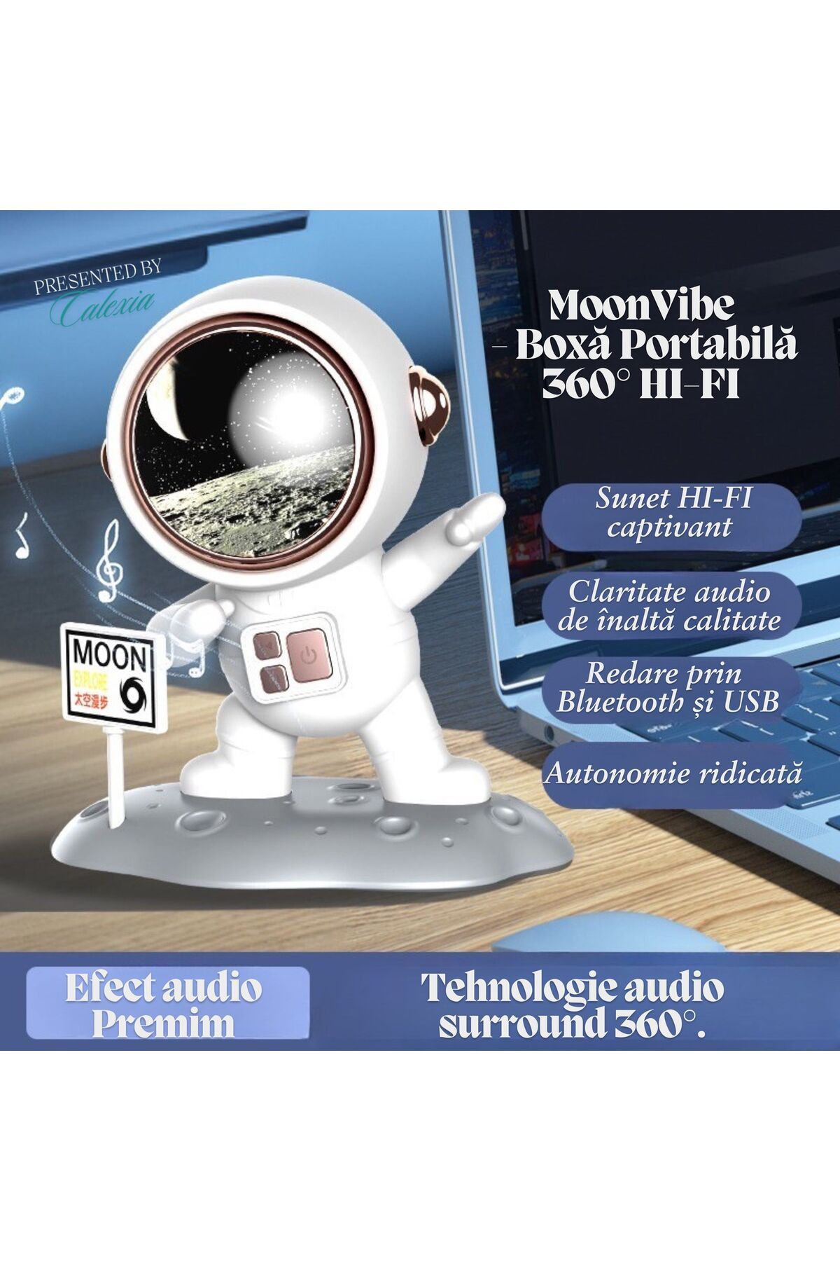 e-Wantay-Moonvibe Portable Speaker, Bluetooth 5.0, 360° Sound, Microphone, Usb-c, 1200mah, Astronaut Design 2