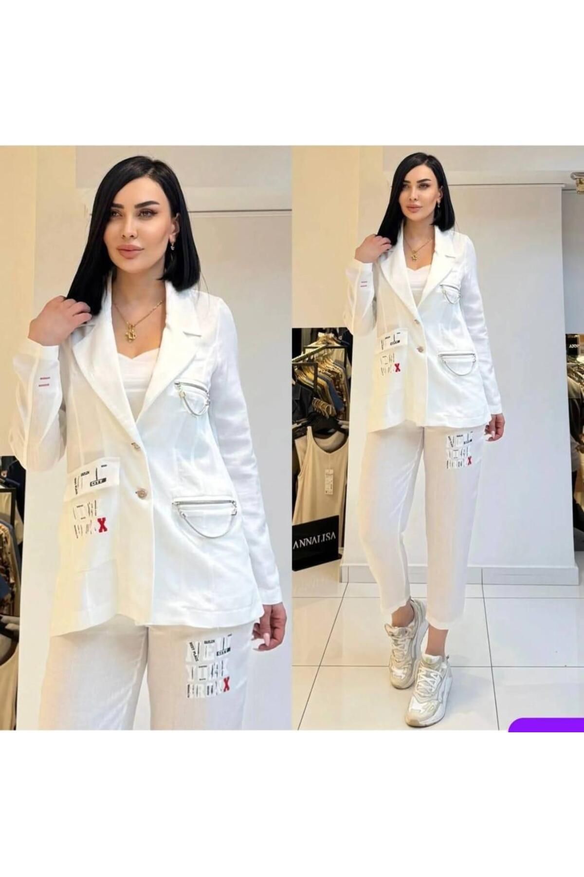 Soie beyaz ceket pantolon takım