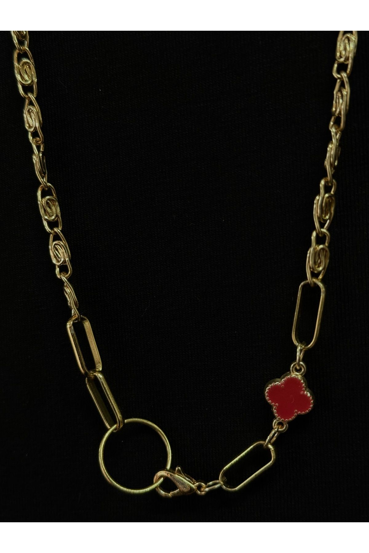 VİA BLANCHE Kadın Kırmızı Van Cleef Detaylı Gold Renkli Kolye