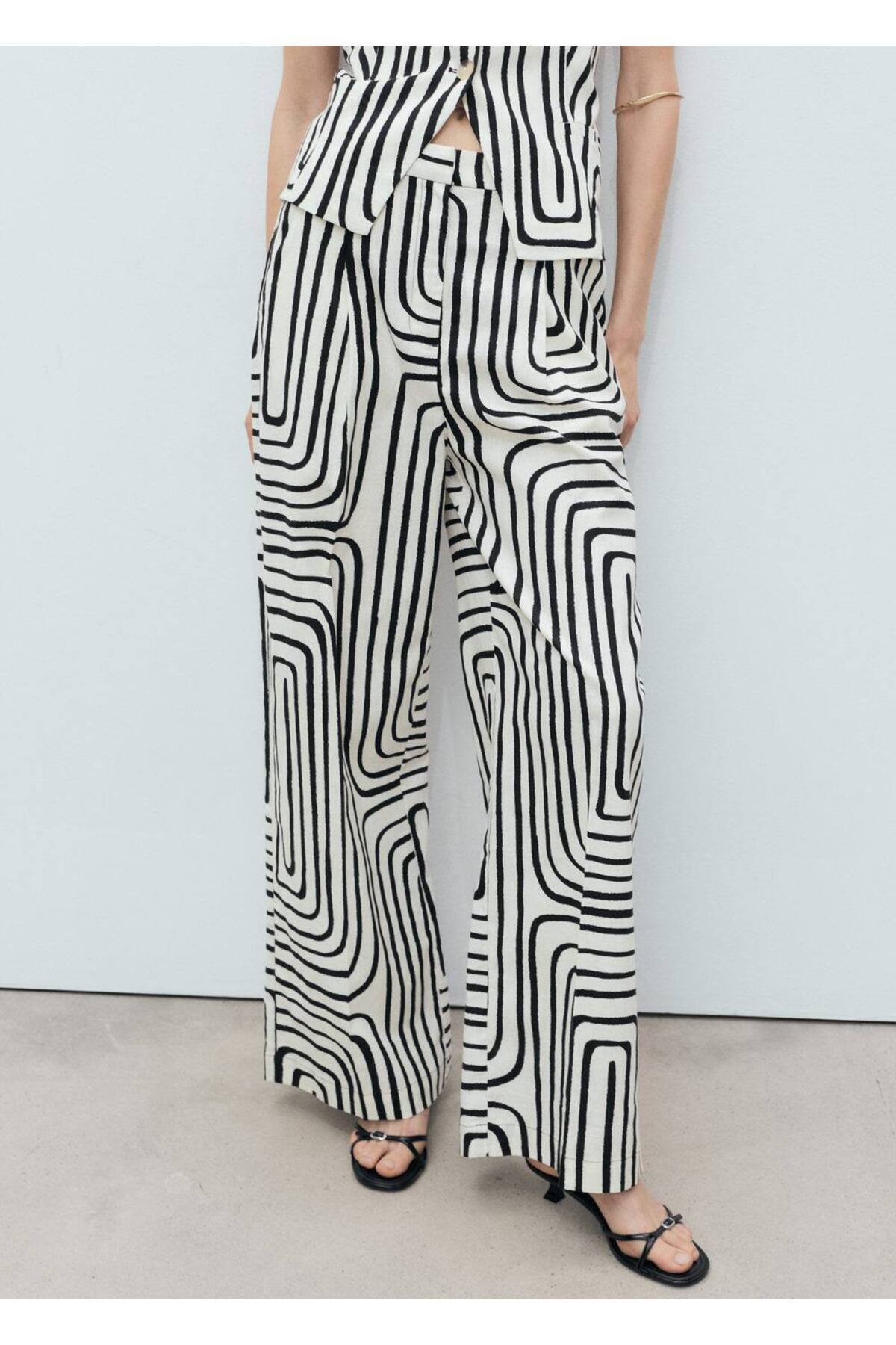 Geometrik desenli keten pantolon