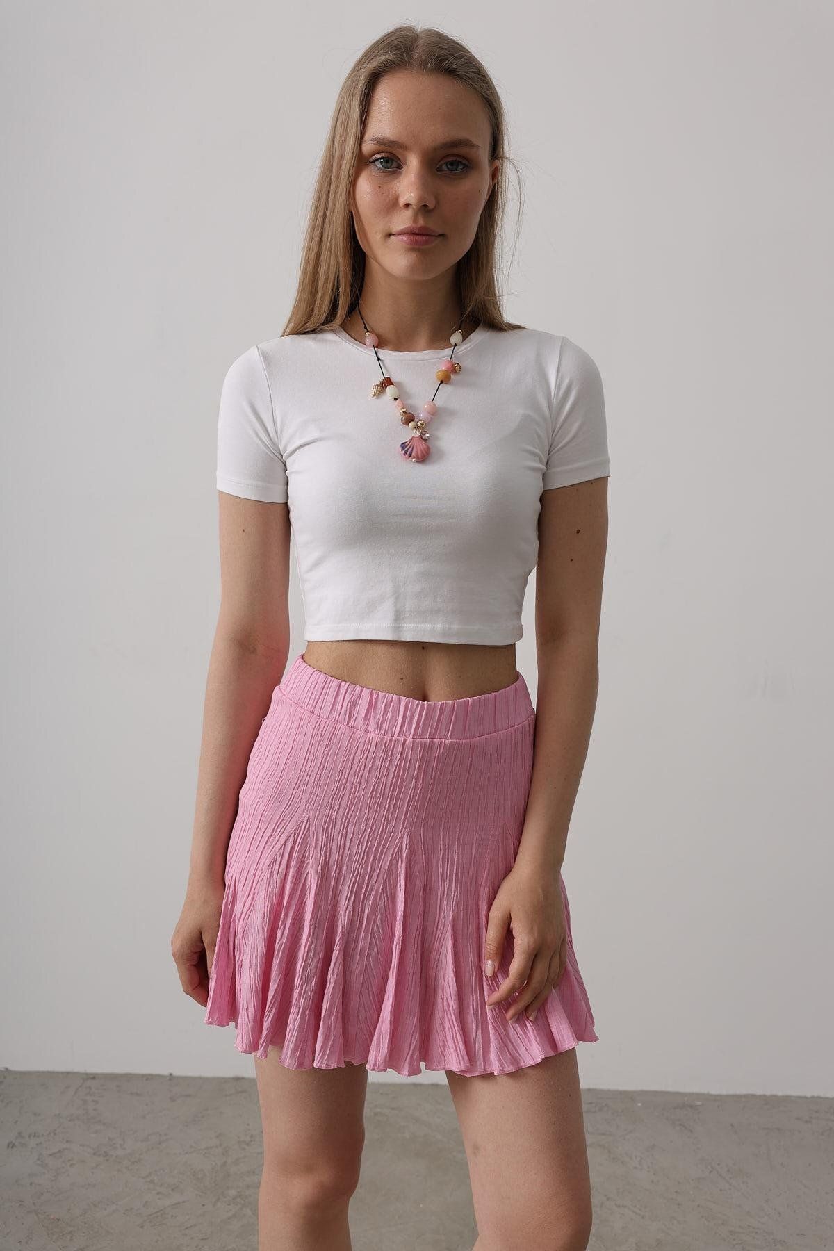 Le Savu SHILSEE KADIN BELİ LASTİKLİ PEMBE MİNİ ETEK