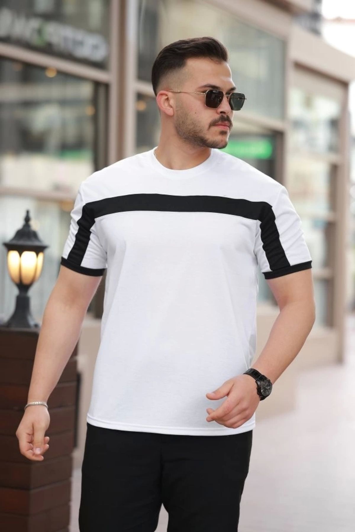 Kaplan Erkek şerit Detaylı Kısa Kollu T-shirt