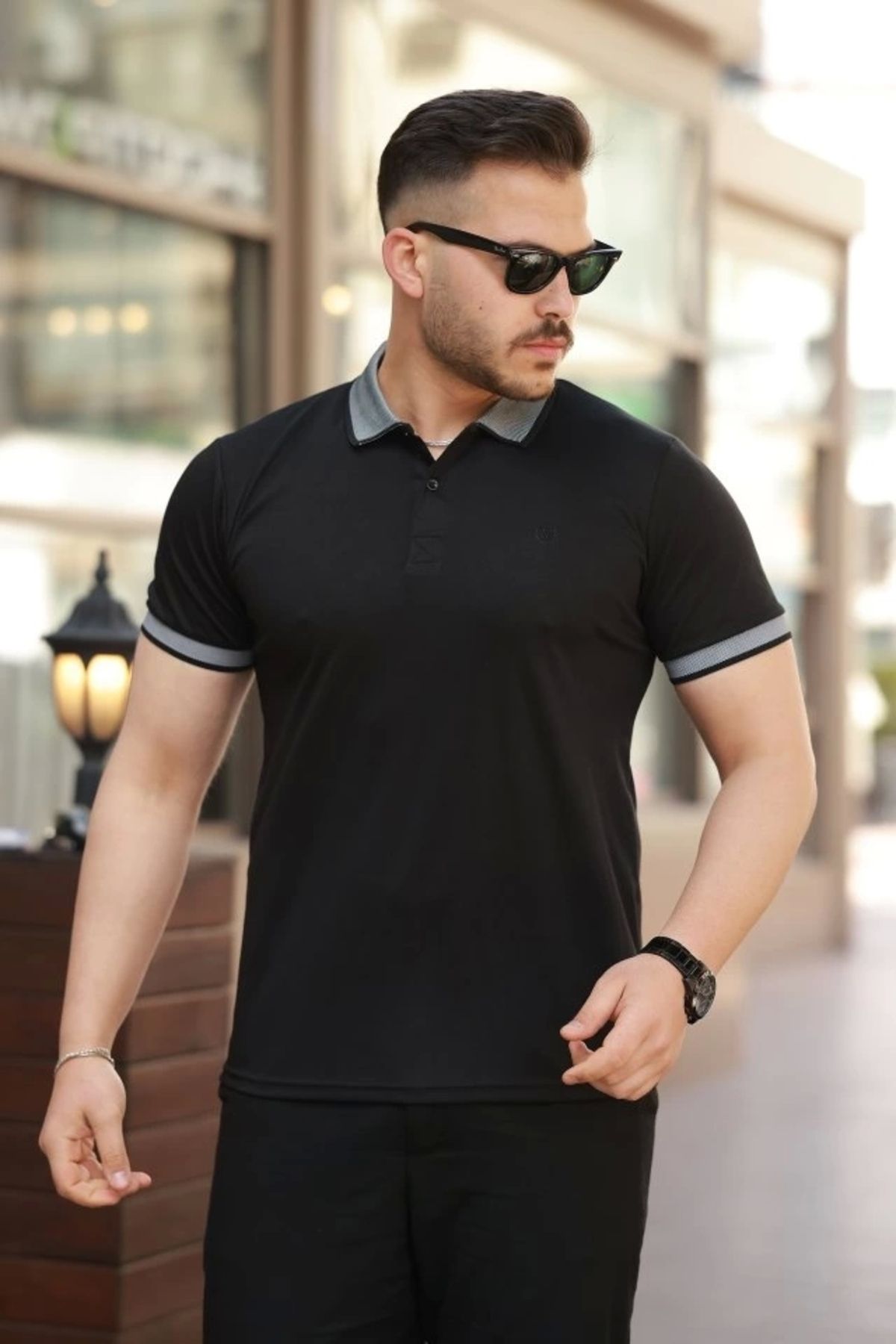 Kaplan Erkek Yakalı Kagi Kumaş Kısa Kollu T-shirt