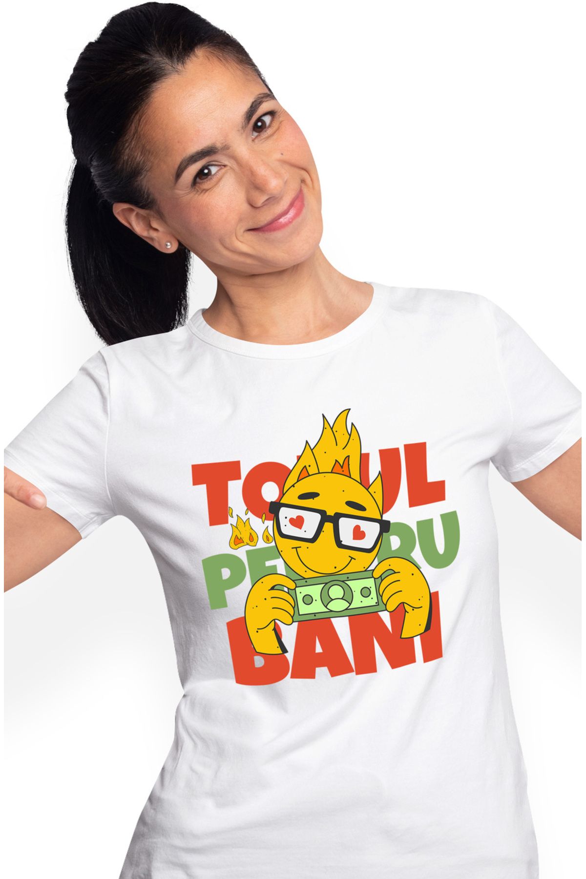 StoryGift Romania Tricou Femei Totul Pentru Bani Foc Zambitor Cu Bancnota Cu Imprimeu Pe Fata, 10 Wht_l Femeie - XL