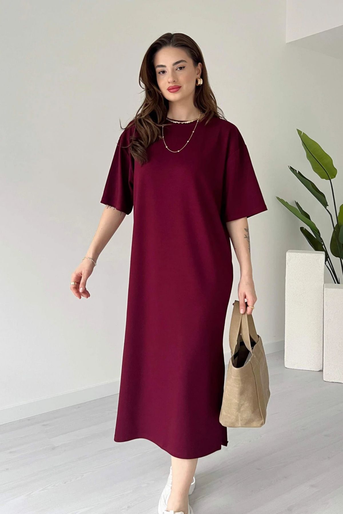 MODAMİNEM Kadın Yanı Yırtmaçlı Oversize Modal Elbise