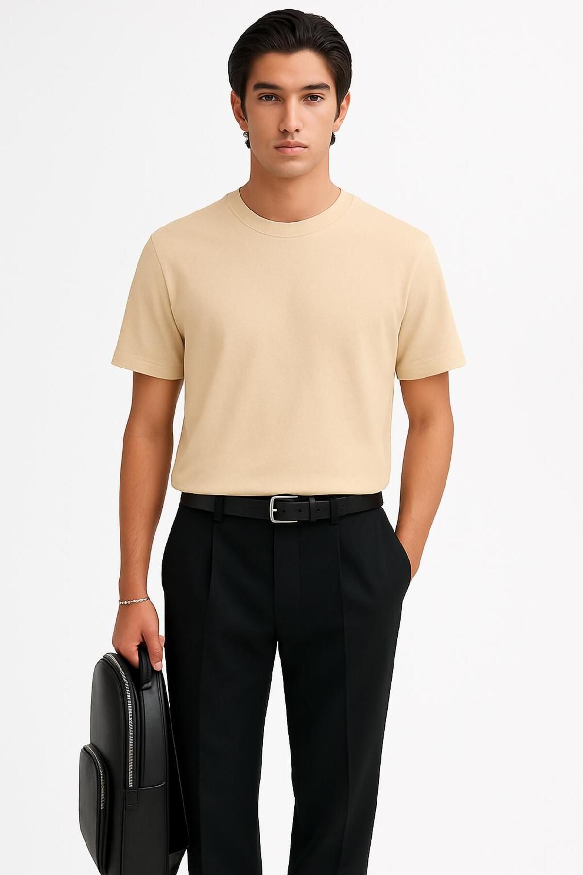 MONARCHMODA 2025 Summer Erkek Premium Bej Kısa Kol Tshirt %100 Pamuk