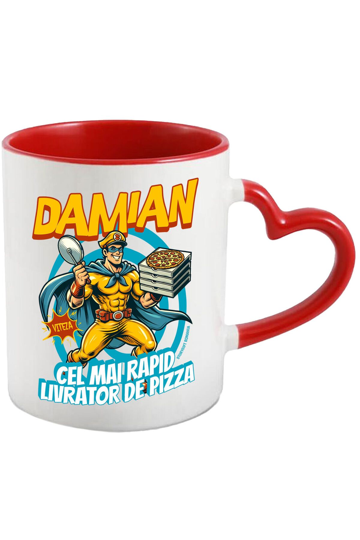 StoryGift Romania Cana Cu Cuper Erou Barbat Cu Pelerina Cutii De Pizza Text Damian Cel Mai Rapid L, Cu Maner Inim Stg - One Size