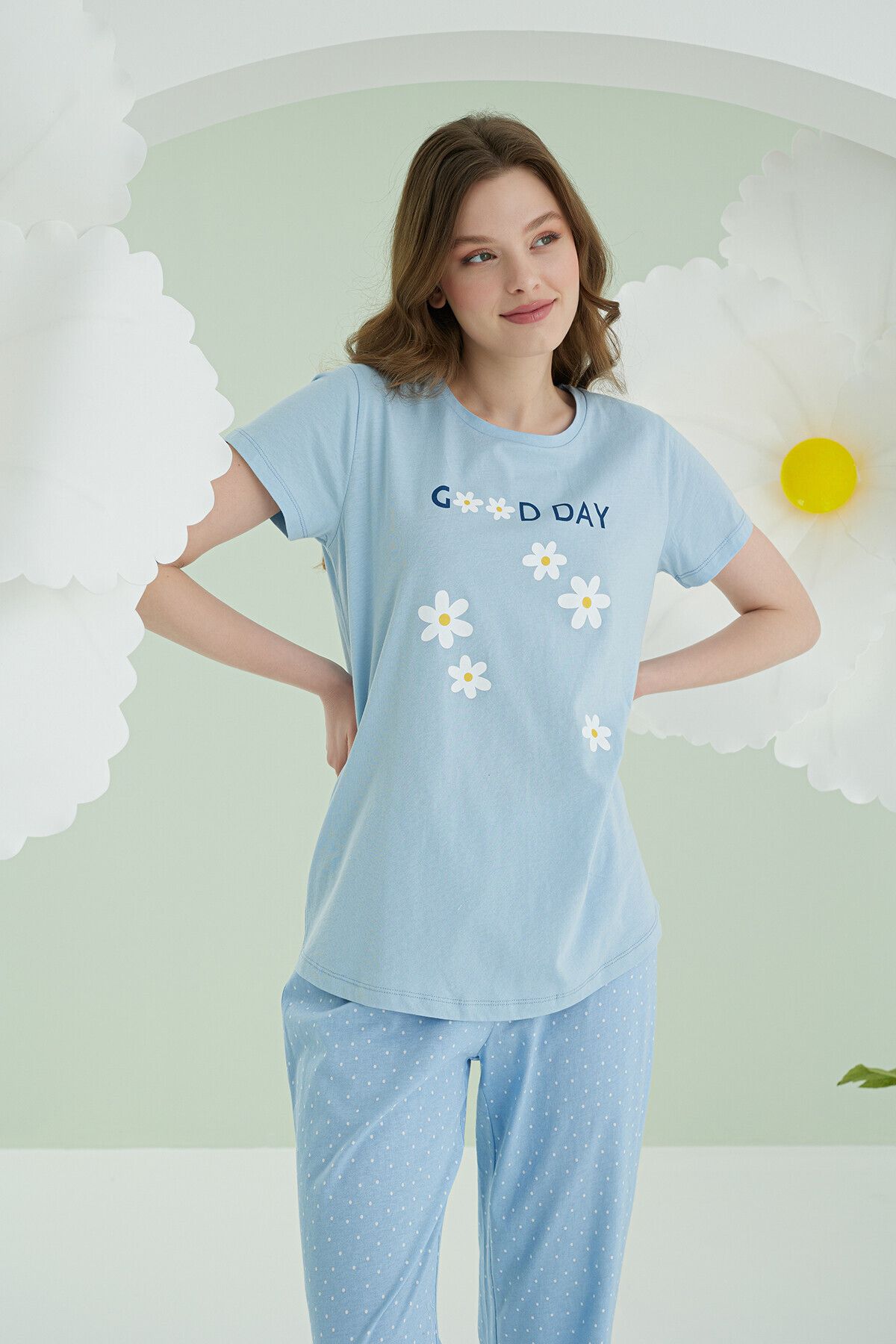 NBB -"kadın mavi good day pijama takımı -%100 pamuk,yazlık,rahat,kesim,