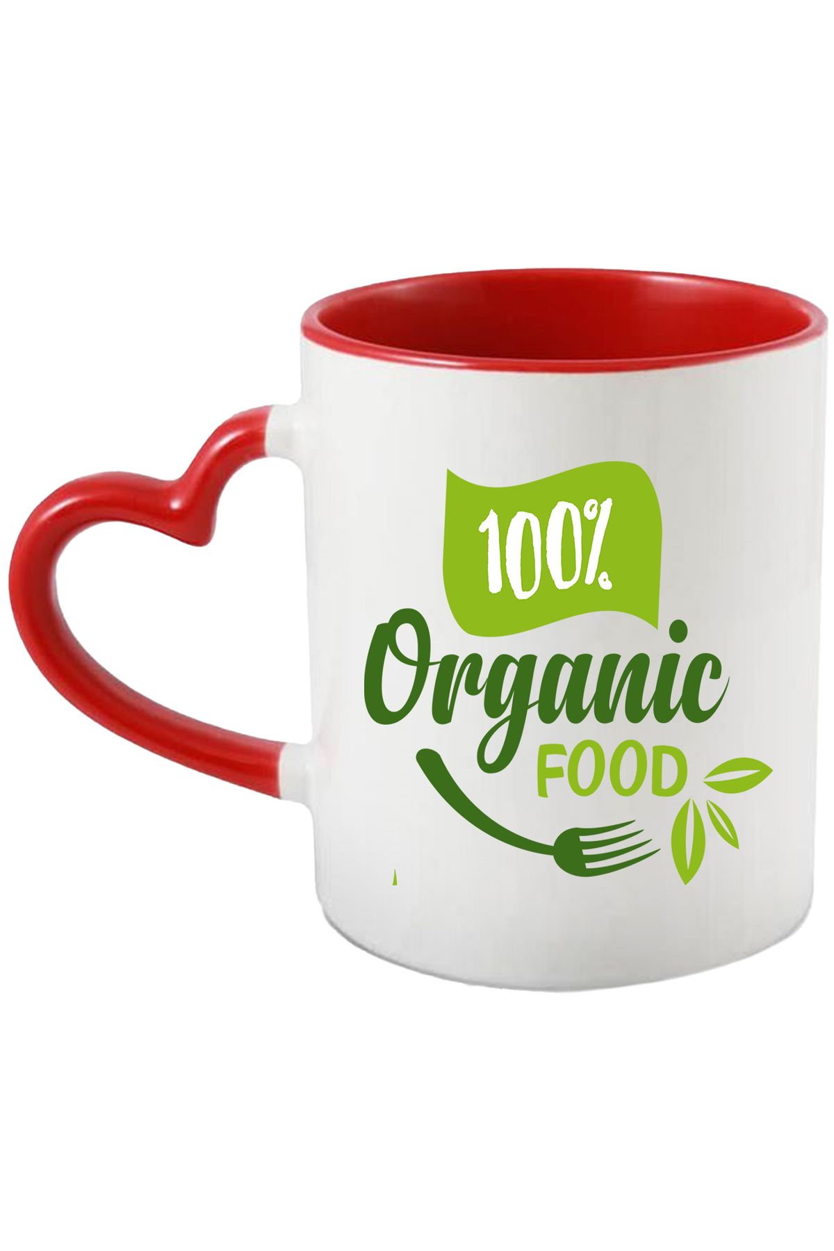 StoryGift Romania Cana Cu Mesaj In Engleza 100% Organic Food, Frunze, Picatura, Mancare, Furculita, Cu Maner Inim Stg - One Size