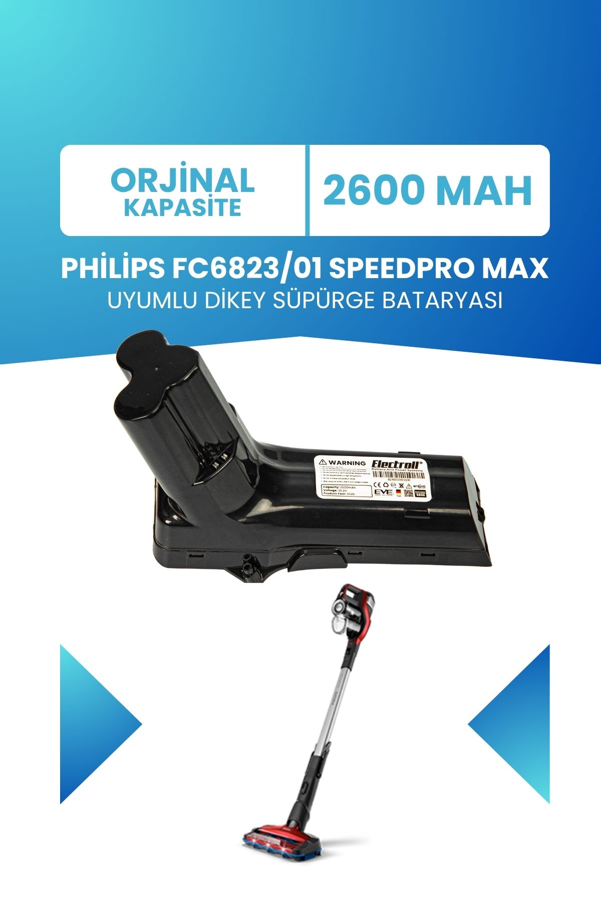 ELECTROLL Philips FC6823/01 SpeedPro Max Uyumlu Batarya 25.2 V 2600mah Pil Şarjlı Dikey Süpürge Bataryası