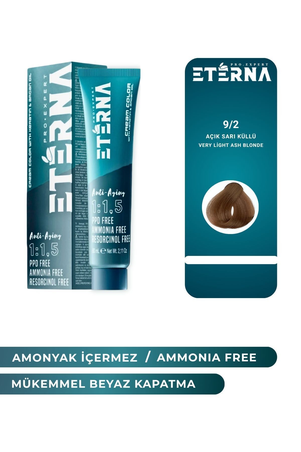 ETERNA Amonyaksız Organik İçerikli Saç Boyası 60 ml 9/2 Açık Sarı Küllü ve 90 ml Eterna Oksidan