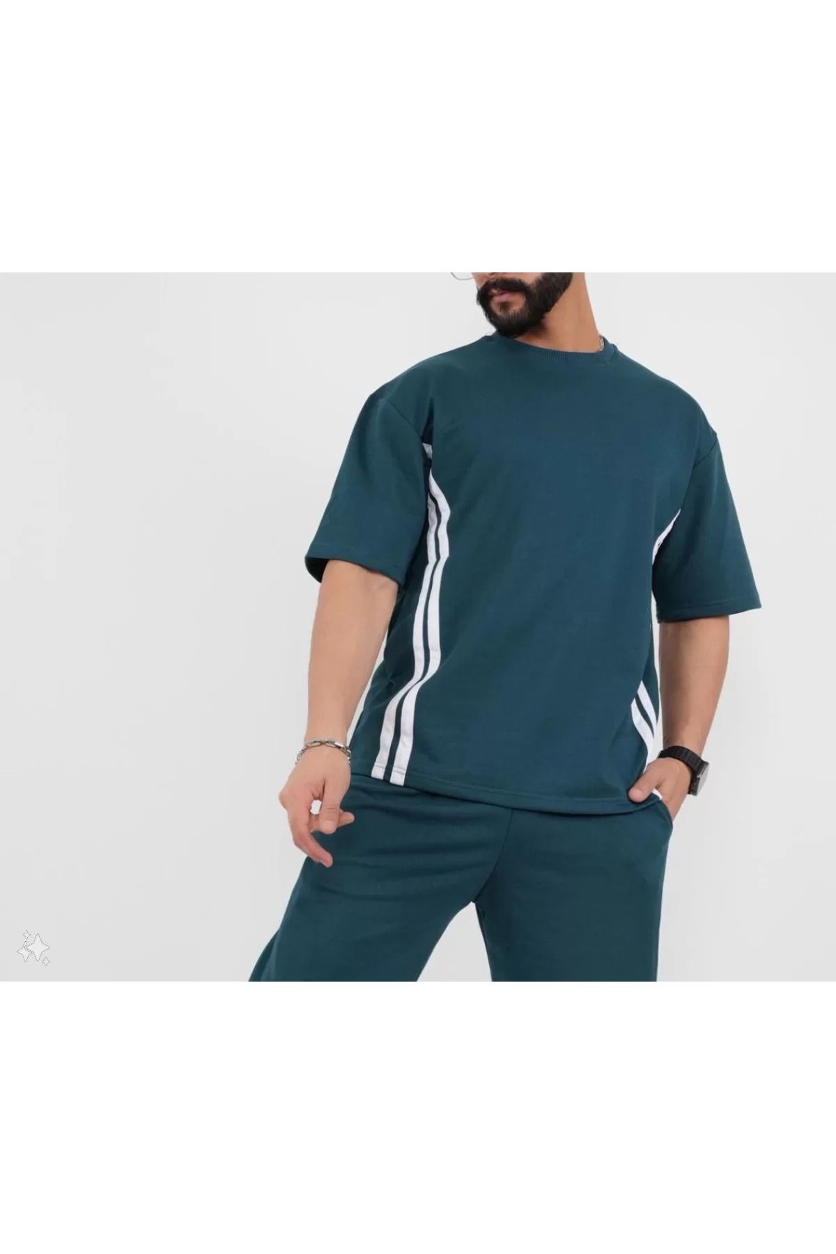 İndigo Park Erkek Tişört Unisex Oversize Yanları Şeritli T-Shirt