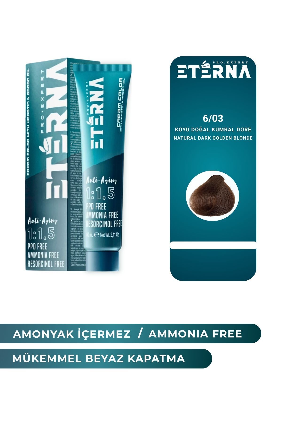ETERNA Amonyaksız Organik İçerikli Saç Boyası 60ml 6/03 Koyu Doğal Kumral Dore ve90ml Eterna Oksidan