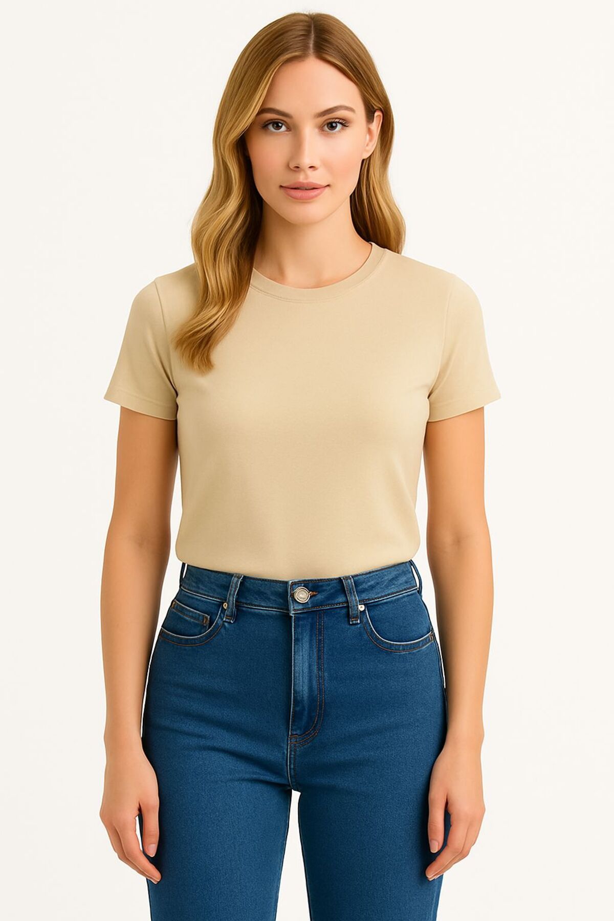 MONARCHMODA 2025 Summer Premium Bej Kısa Kol Tshirt %100 Pamuk