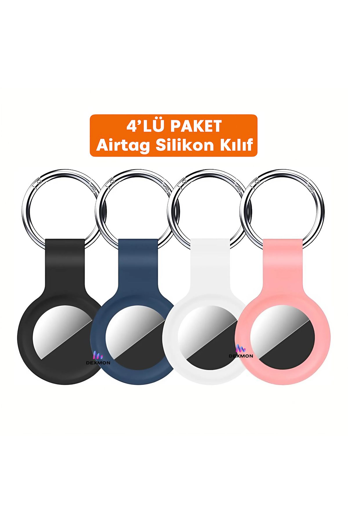 Dexmon AirTag Uyumlu 4’lü Silikon Kılıf Seti Anahtarlık Arkası Kapalı Düşmez Yıkanabilir