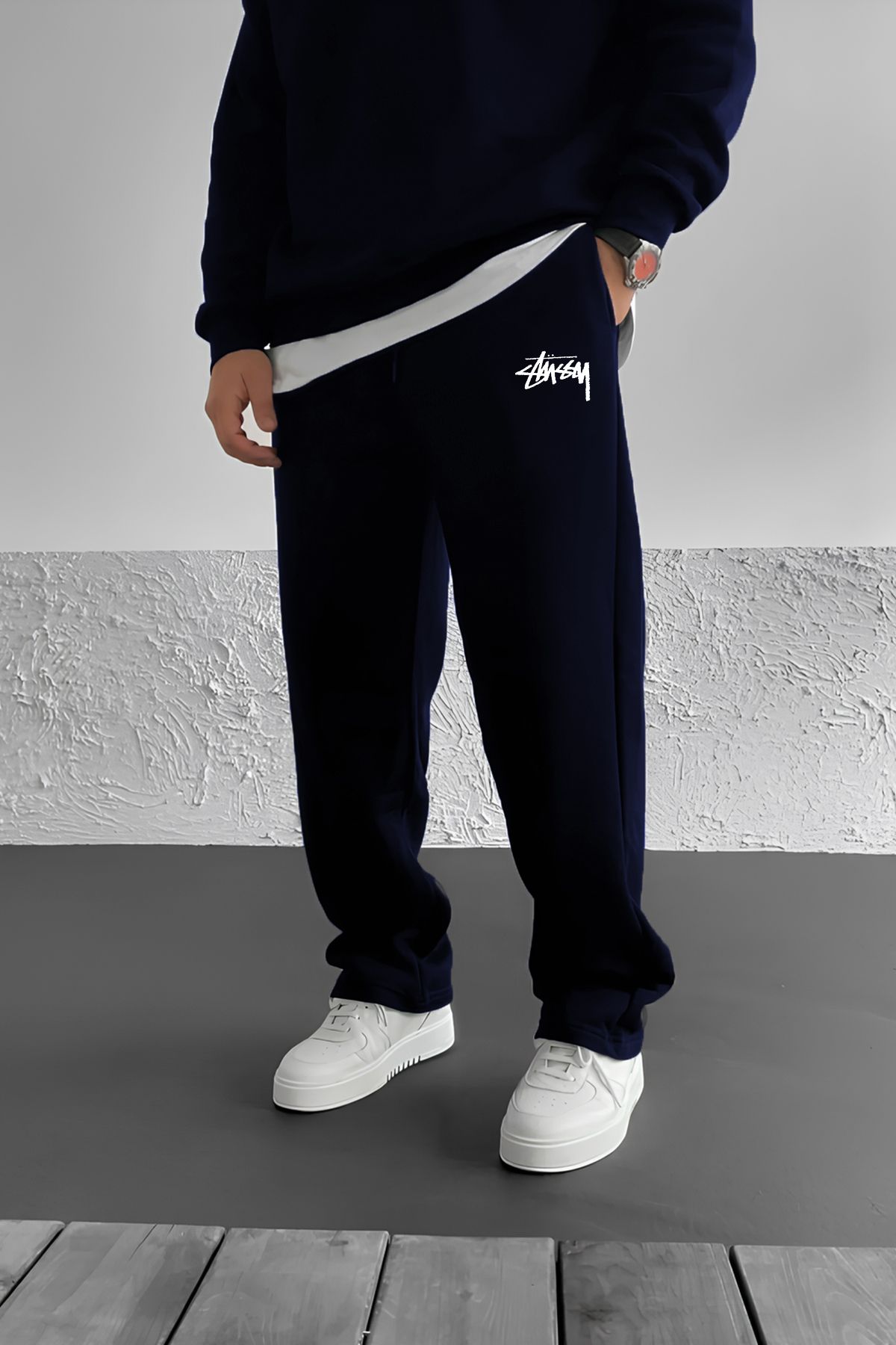 THE RULE Stüssy Baskılı Baggy Yazlık 3 İplik Bol Kesim Düz Paça Mevsimlik Lacivert Eşofman Altı RF0510