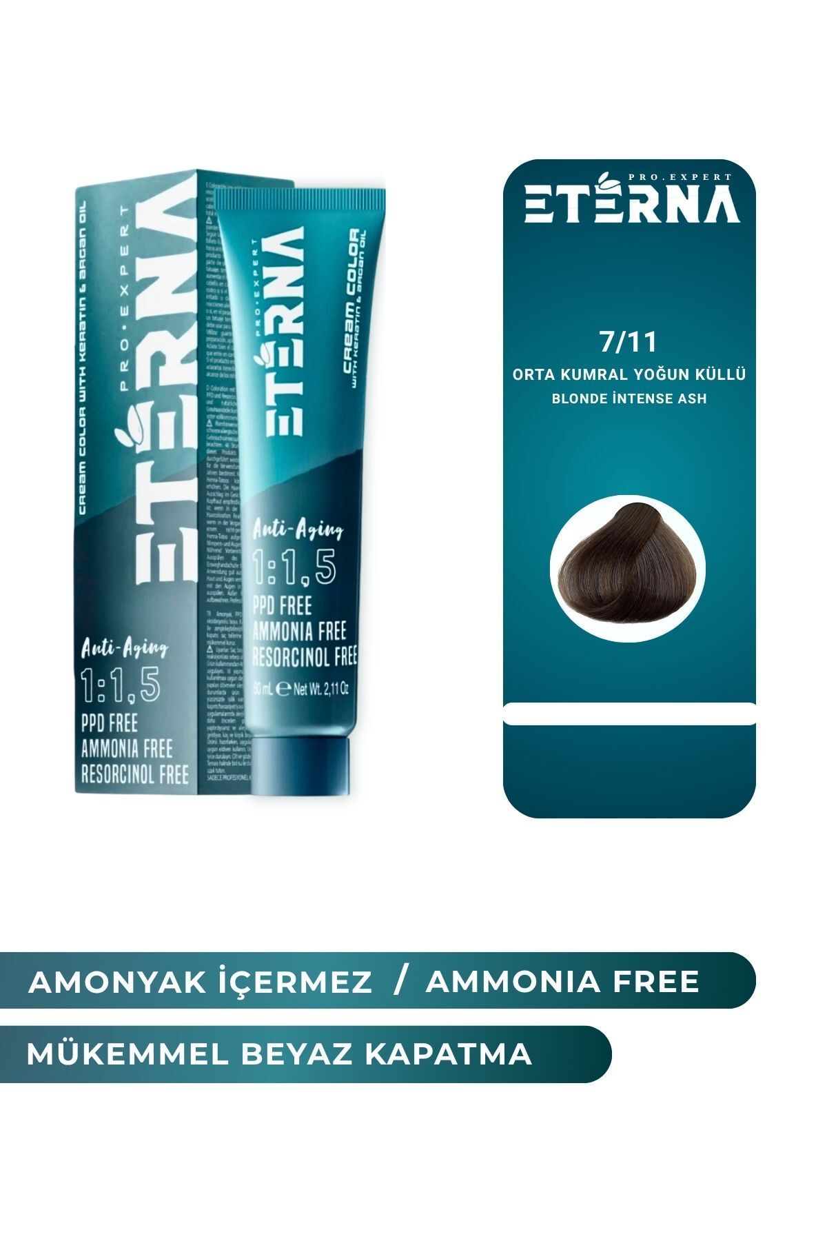 ETERNA Amonyaksız Organik İçerikli Saç Boyası 60ml 7/11Orta Kumral Yoğun Küllü ve90ml Eterna Oksidan