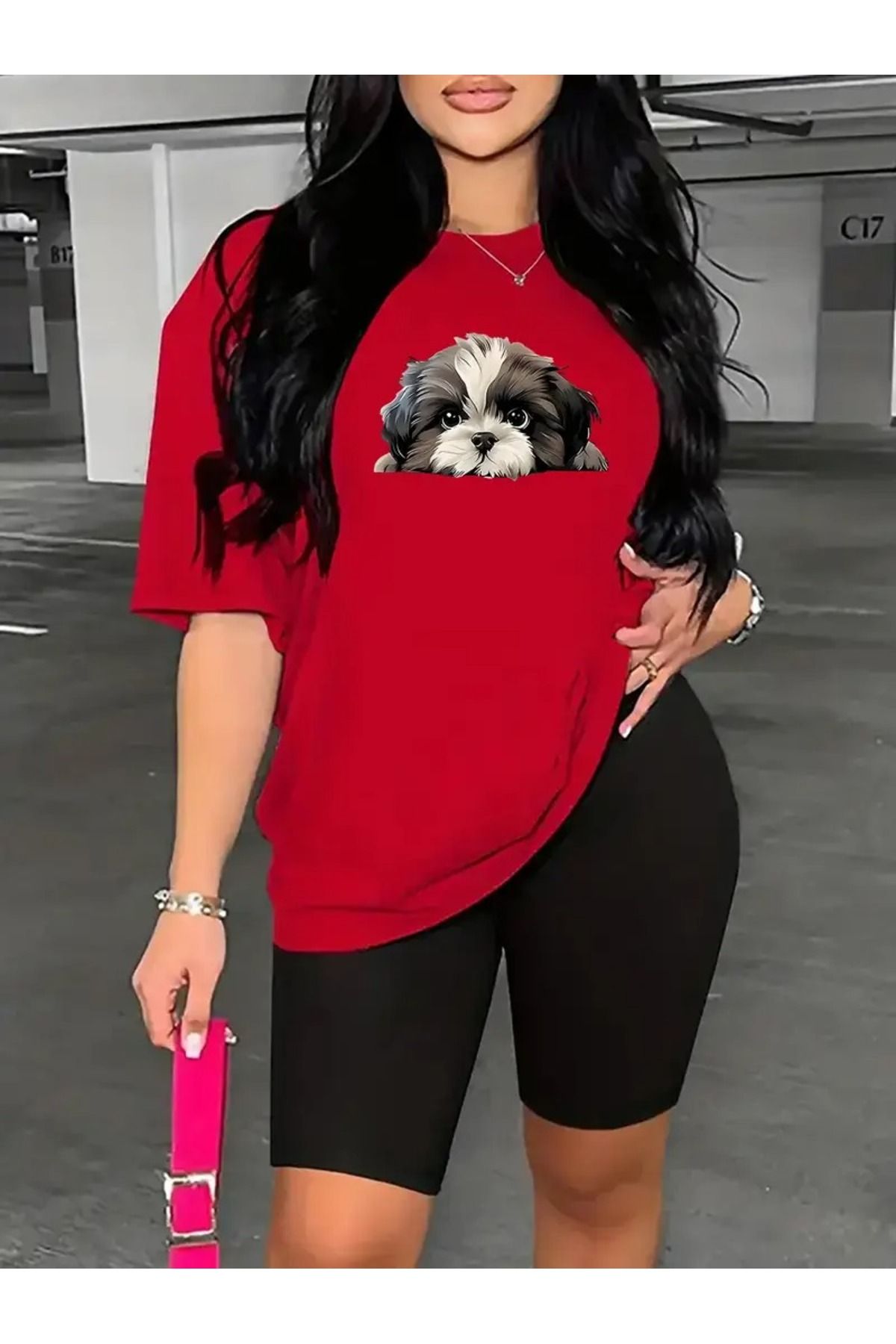 WOODROFFE Kadın Şık Köpek Baskılı Kısa Tayt T-shirt Takım Kombin Oversize Salaş Boyfriend