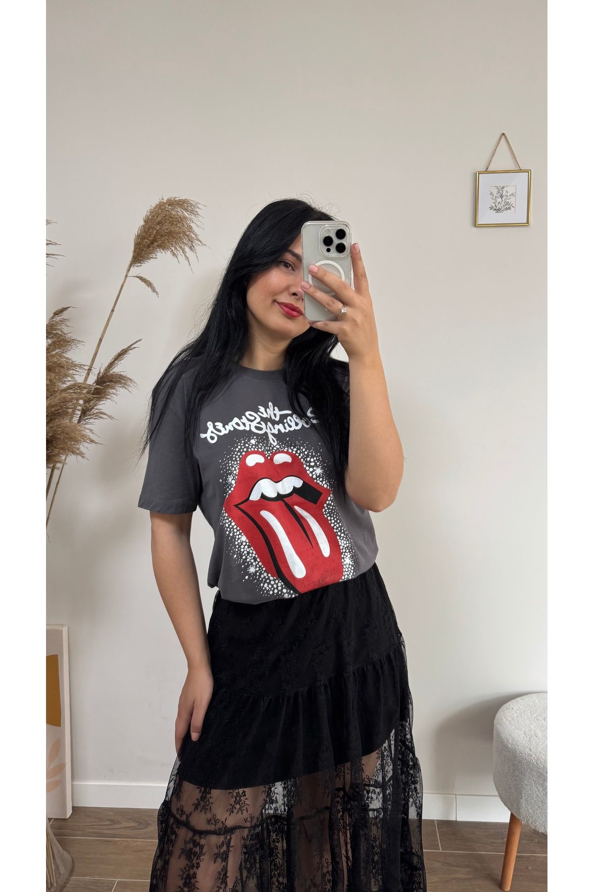 DUSOHOME Antrasit Rolling Stones Baskılı Oversize tişört