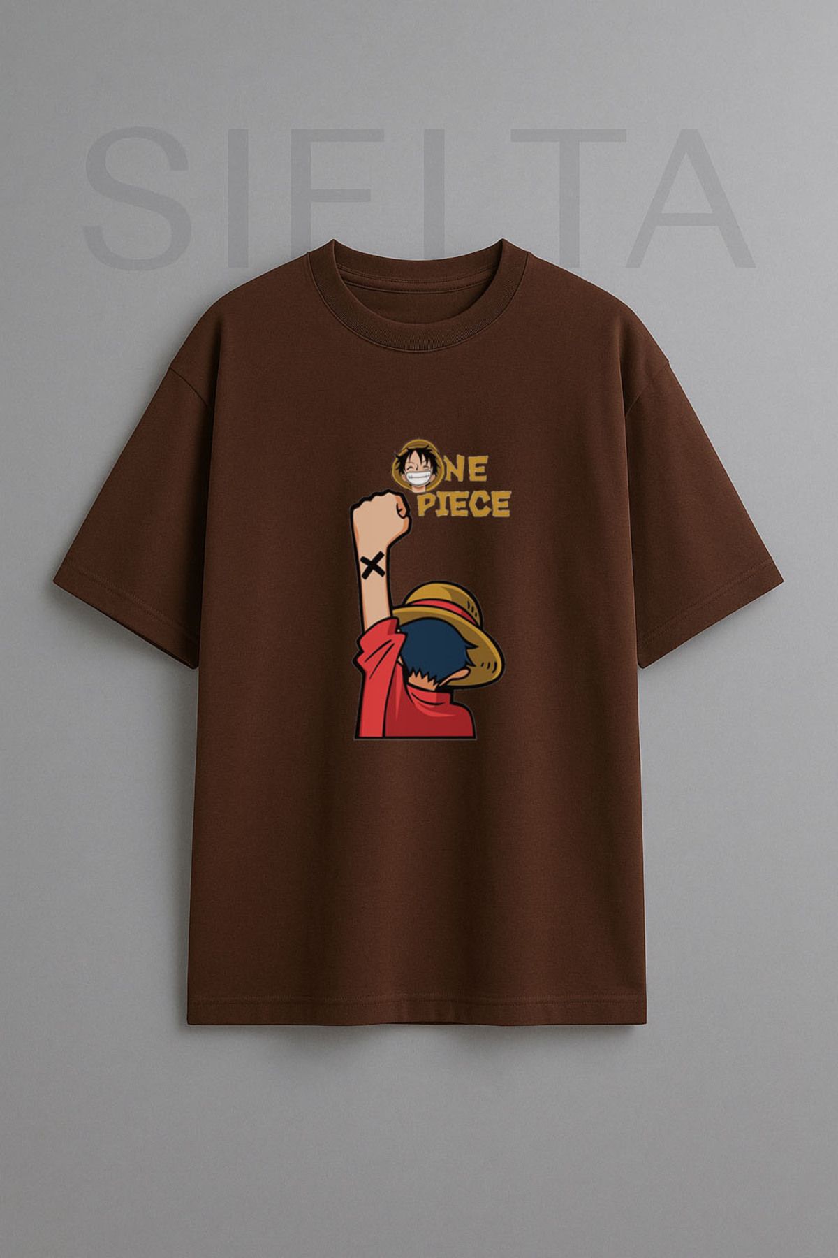 sielta Anime One Piece Monkey D. Luffy Baskılı Bisiklet Yaka Oversize Kahverengi Tişört T-shirt