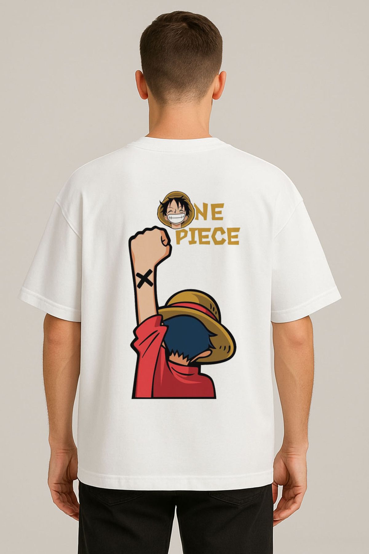 sielta Anime One Piece Monkey D. Luffy Baskılı Bisiklet Yaka Oversize Beyaz Tişört T-shirt
