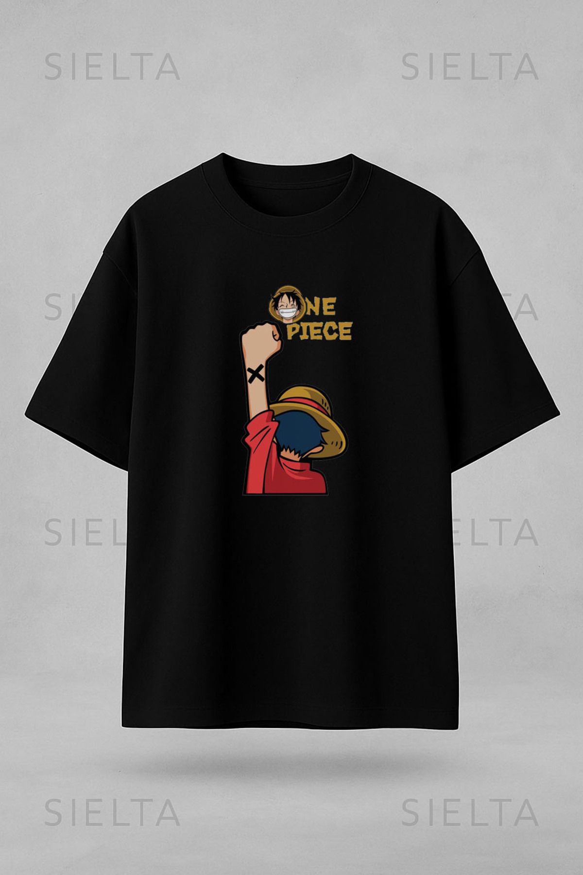sielta Anime One Piece Monkey D. Luffy Baskılı Bisiklet Yaka Oversize Siyah Tişört T-shirt