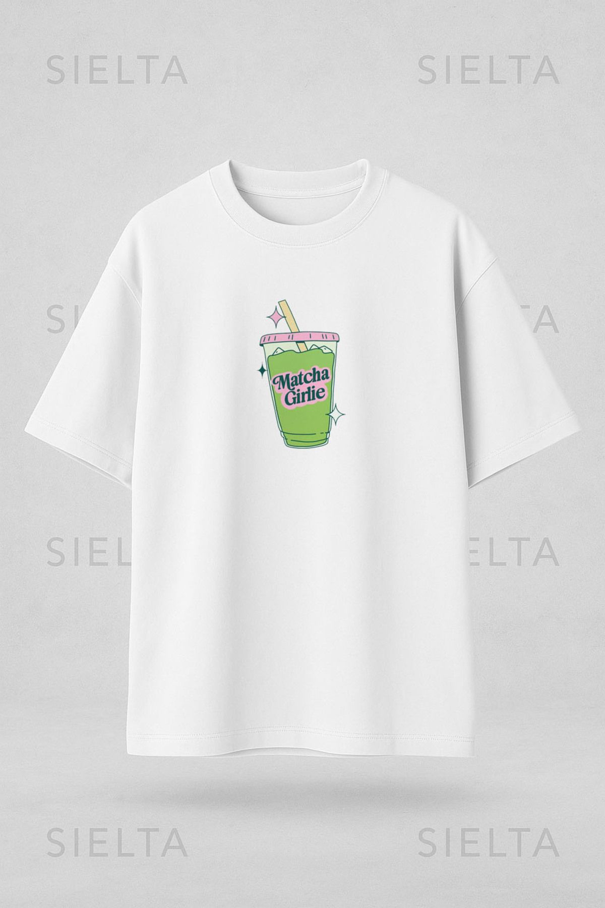 Darkia Maça Matcha Çayı Baskılı Bisiklet Yaka Oversize Beyaz Tişört T-shirt