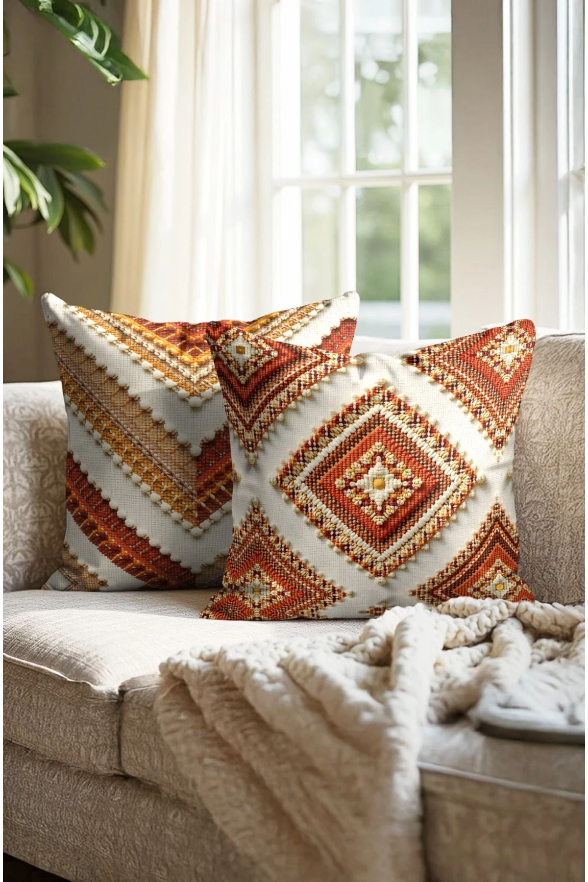 Home 2li Set Dijital Baskı Punch Kırlent Kılıfı 43x43cm - v20