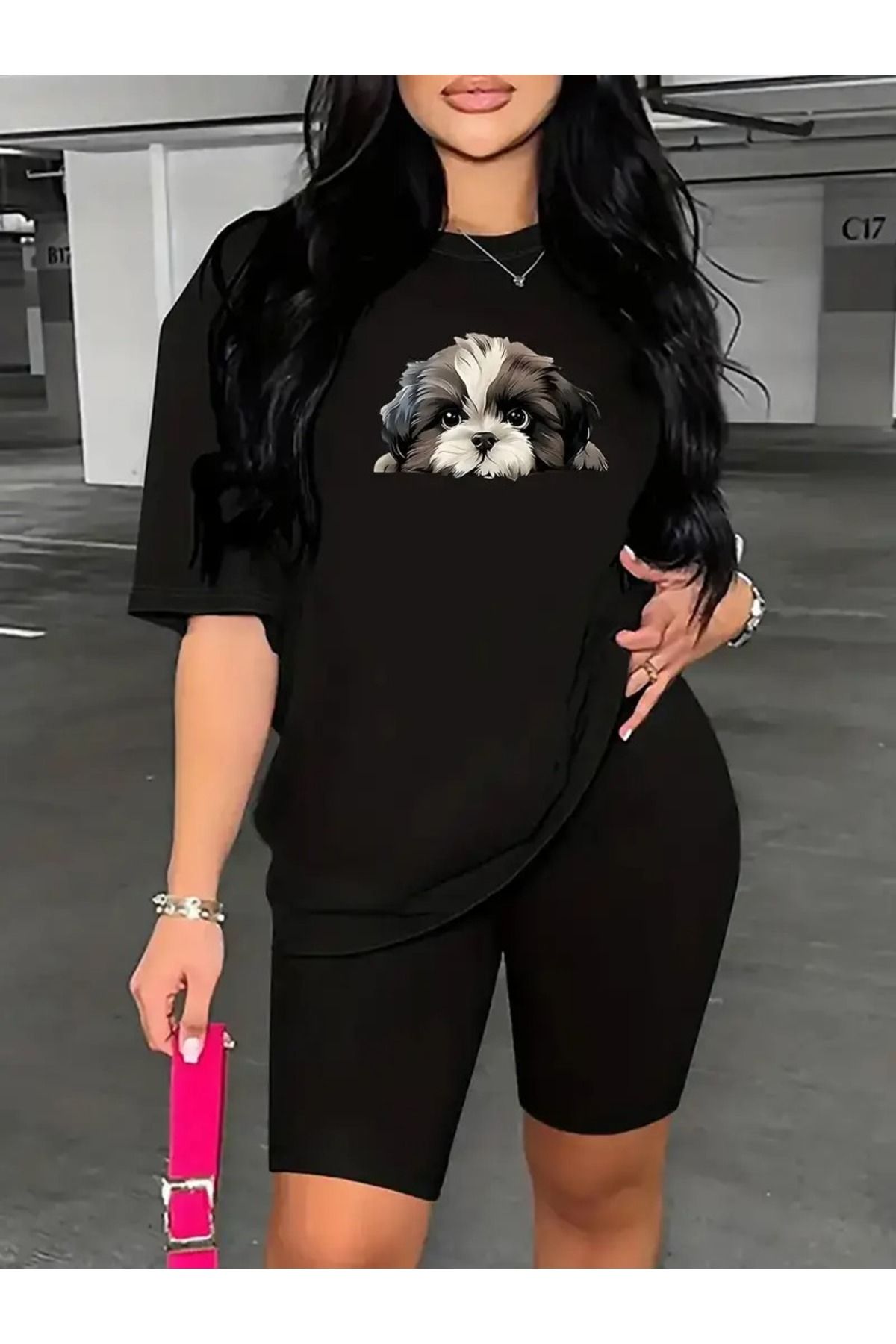 WOODROFFE Kadın Şık Köpek Baskılı Kısa Tayt T-shirt Takım Kombin Oversize Salaş Boyfriend
