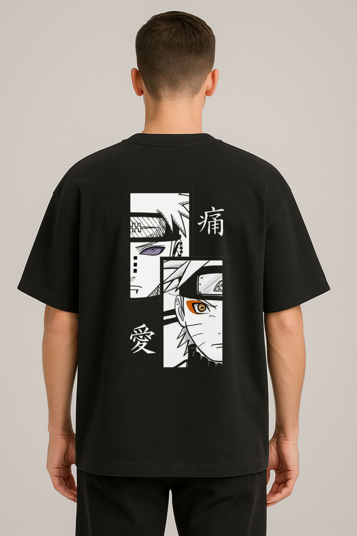 sielta Anime Naruto Baskılı Bisiklet Yaka Oversize Siyah Tişört T-shirt