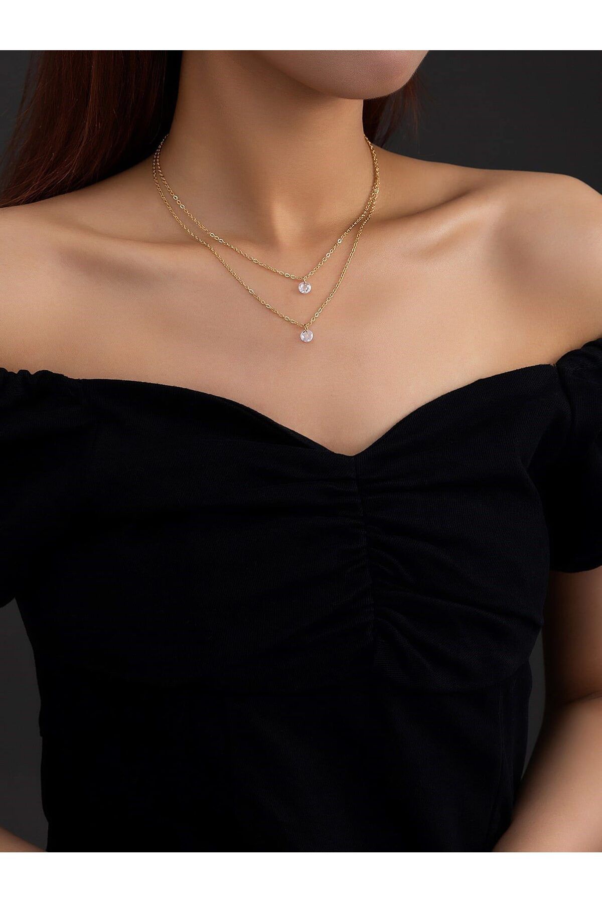 Butik Zirkon Taşlı Katmanlı Gold Kolye